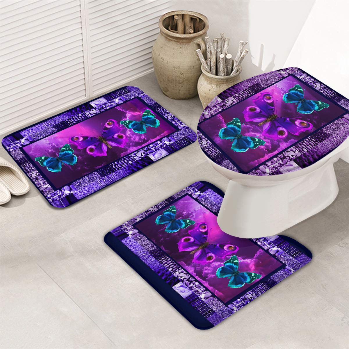 **3-Piece Butterfly Purple Bath Rugs Set – Non-Slip Bathroom Rug, U-Shaped Toilet Mat & Lid Cover | Cobblestone Plaid Design | Super Absorbent & Machine Washable | Perfect for Bathroom, Home & Guest Use**