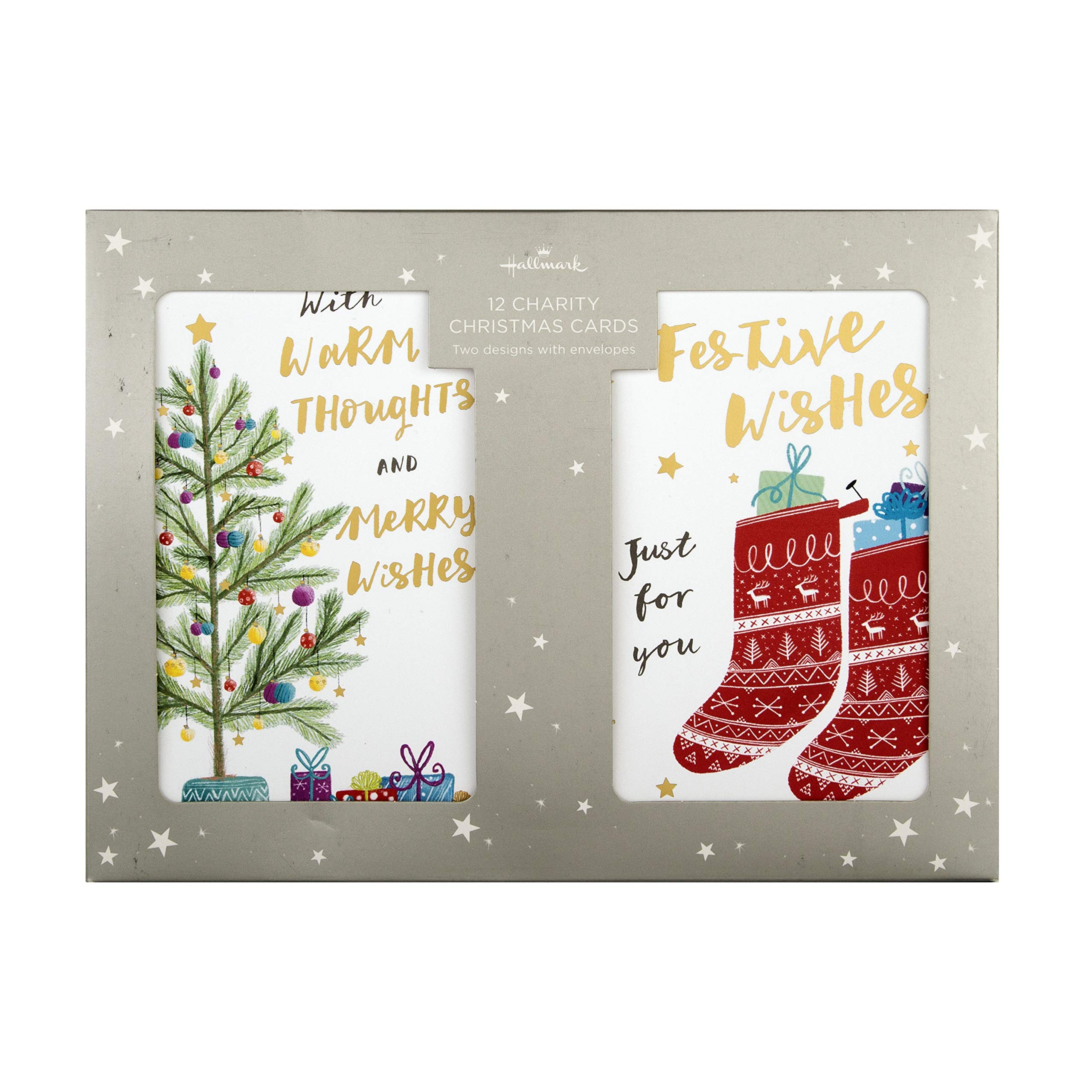 Hallmark Christmas Charity Cards - 12 Boxed Holiday Greeting Cards with 2 Modern Illustrated Designs | Perfect for Gifts, Office Exchanges & Festive Home Decor