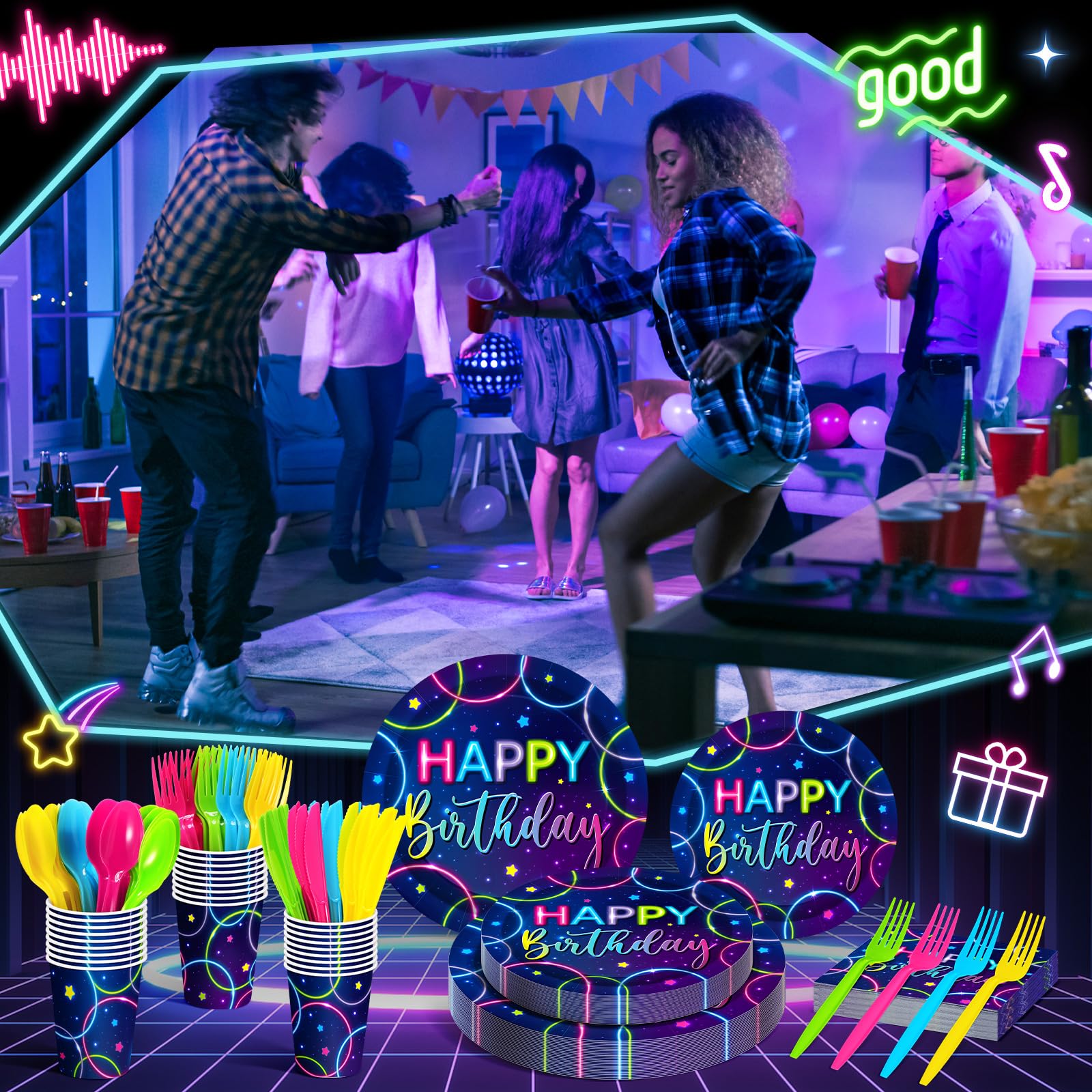 Meanplan Neon Happy Birthday Party Plates & Napkins Set - 168 Pcs Glow in the Dark Tableware for Kids (24 Guests) with Cups, Utensils & Decorations - Perfect for Glow Themed Birthday Parties & Nighttime Celebrations