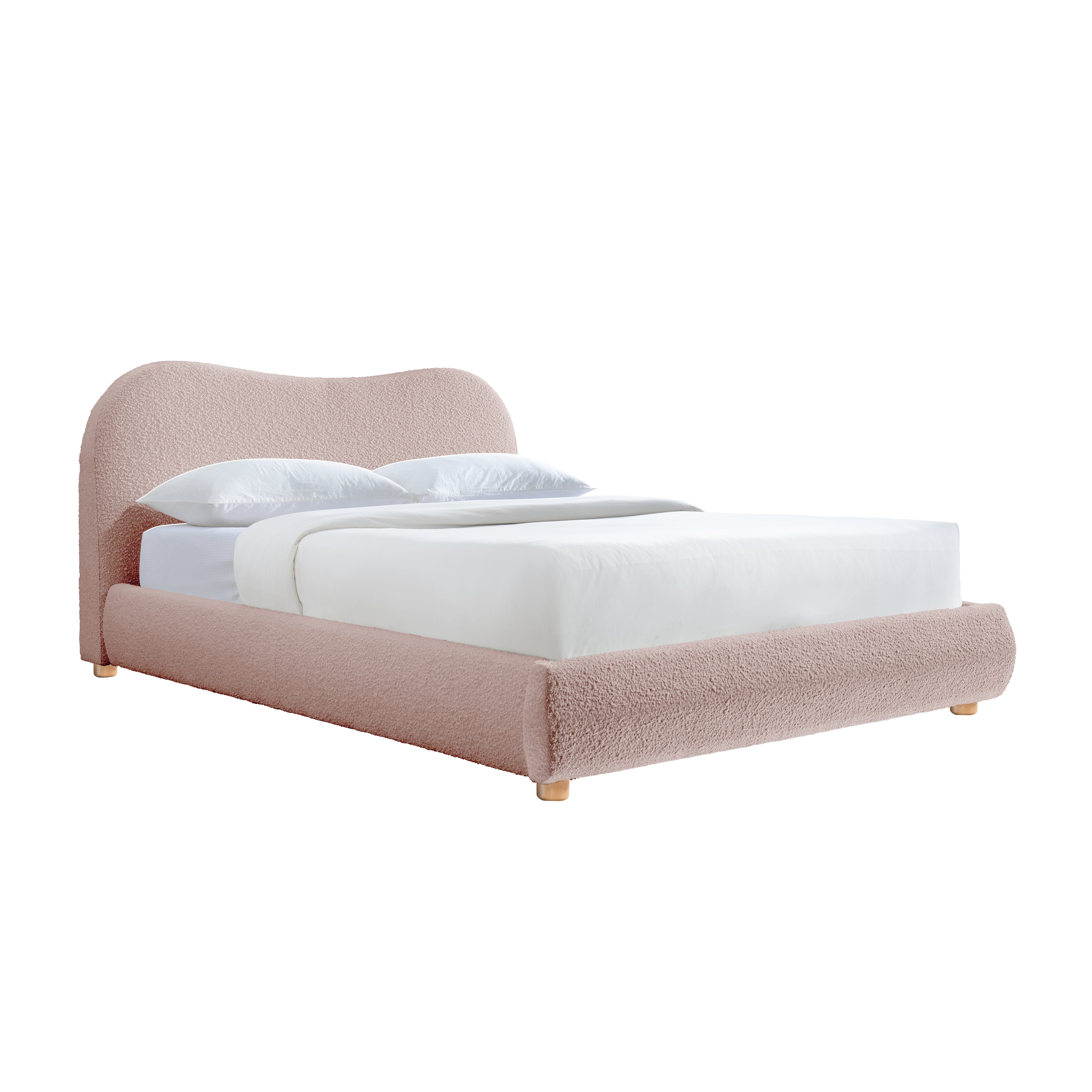 Cloud Boucle Queen Bed Frame - Oak Finish with Dusty Rose Upholstery | Modern Platform Bed for Bedroom | Perfect for Master Bedroom, Guest Room, or Apartment