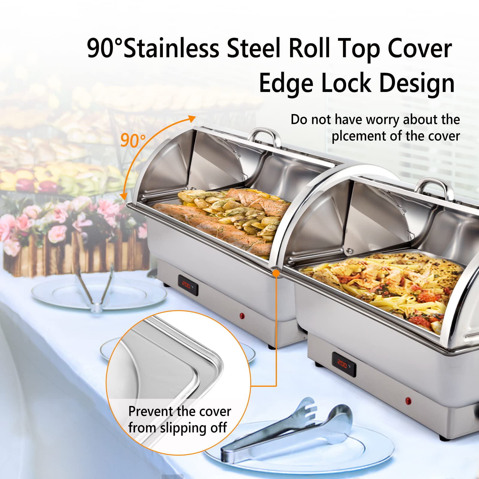 ROVSUN 2 Pack 9 QT Electric Buffet Chafing Dishes Set - NSF Certified Stainless Steel Roll Top Catering Food Warmer with Lid - Includes 2 Detachable Pans for Party, Wedding, Banquet & Catering Events - Perfect for Buffet Serving, Catering Business, and Home Entertaining