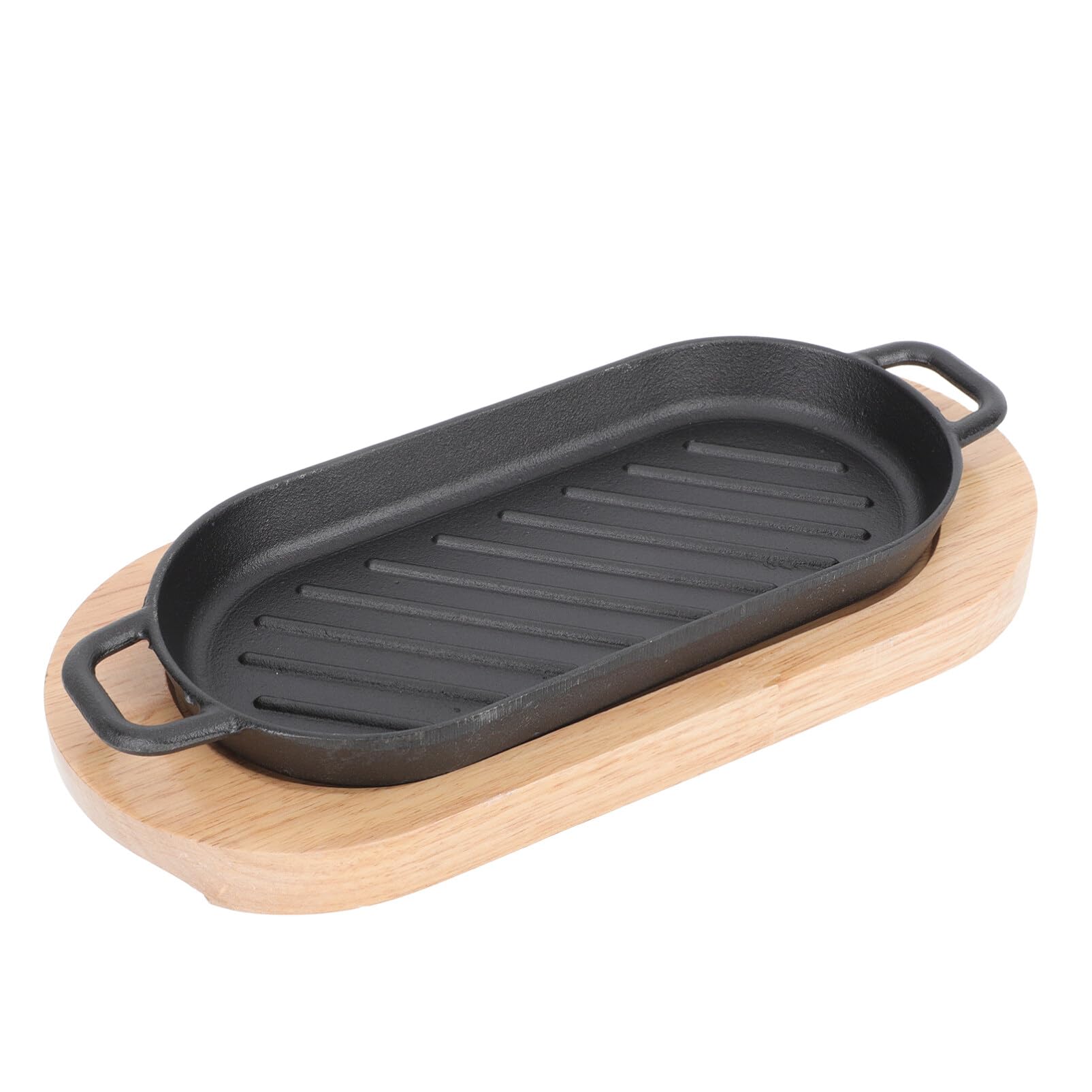 Pre-Seasoned Cast Iron Sizzling Plate with Wooden Base - Steak Platter, Fajita Pan & Japanese Teppanyaki Grill for Restaurants, Home Dining & Outdoor BBQ