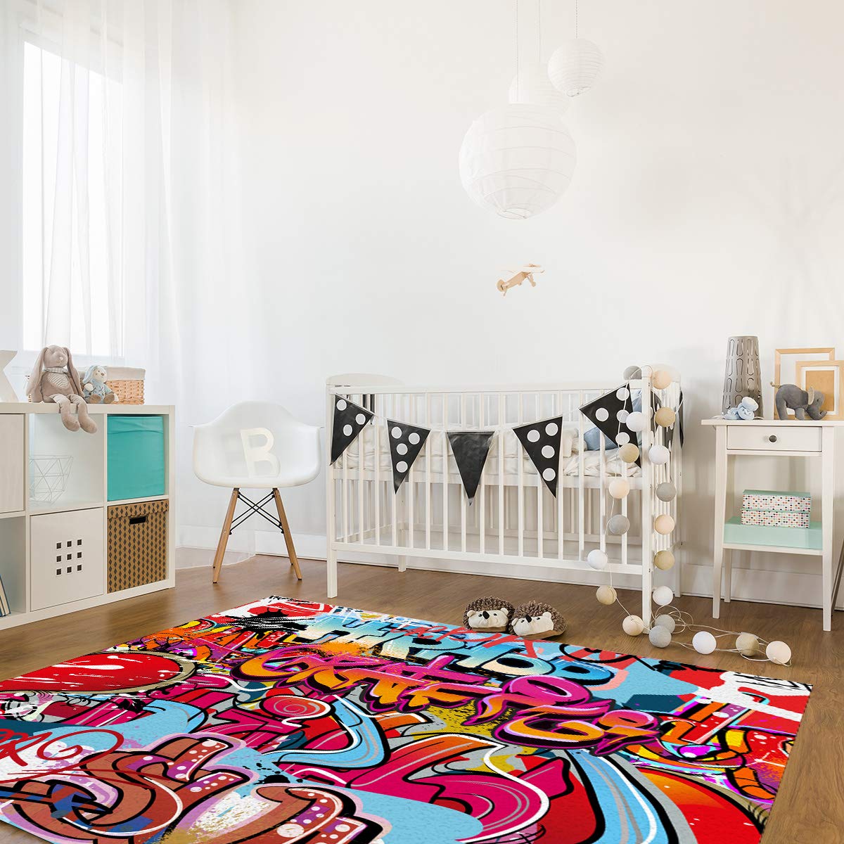 5' x 7' Modern Graffiti Art Area Rug - Hip Hop Street Culture Harlem NYC Spray Art Throw Carpet for Bedroom, Nursery & Kitchen - Non-Slip Floor Mat for Kids Room, Dorm & Living Space