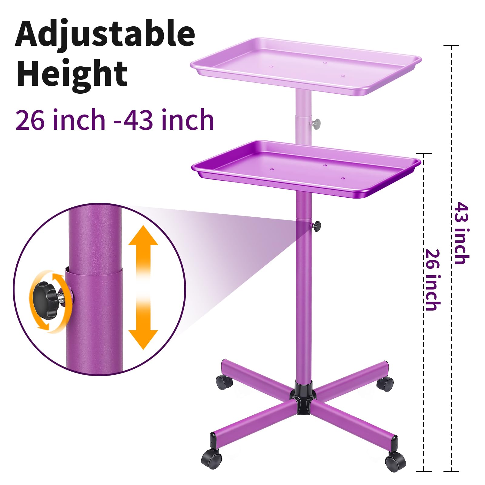 Premium Adjustable Rolling Salon Tray - Aluminum Mobile Hair Stylist & Tattoo Artist Cart with Wheels, Purple Height-Adjustable Service Tray for Salon, Spa, Tattoo Parlor & Beauty Services