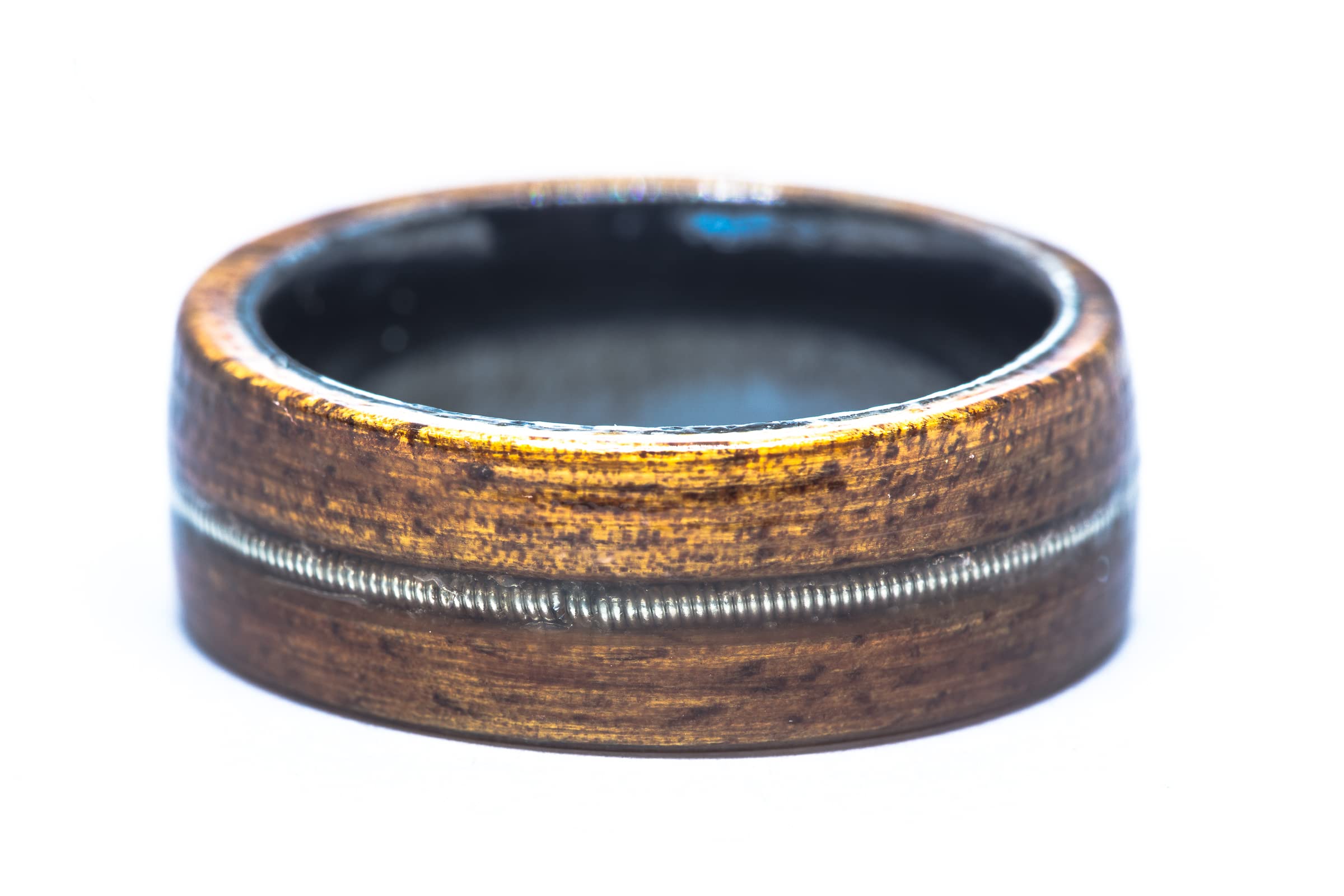 Hawaiian Koa Wood Guitar String Bracelet with Black Ceramic Ring - Handmade Music Lover Jewelry for Men & Women, Perfect Gift for Musicians and Beach Lovers