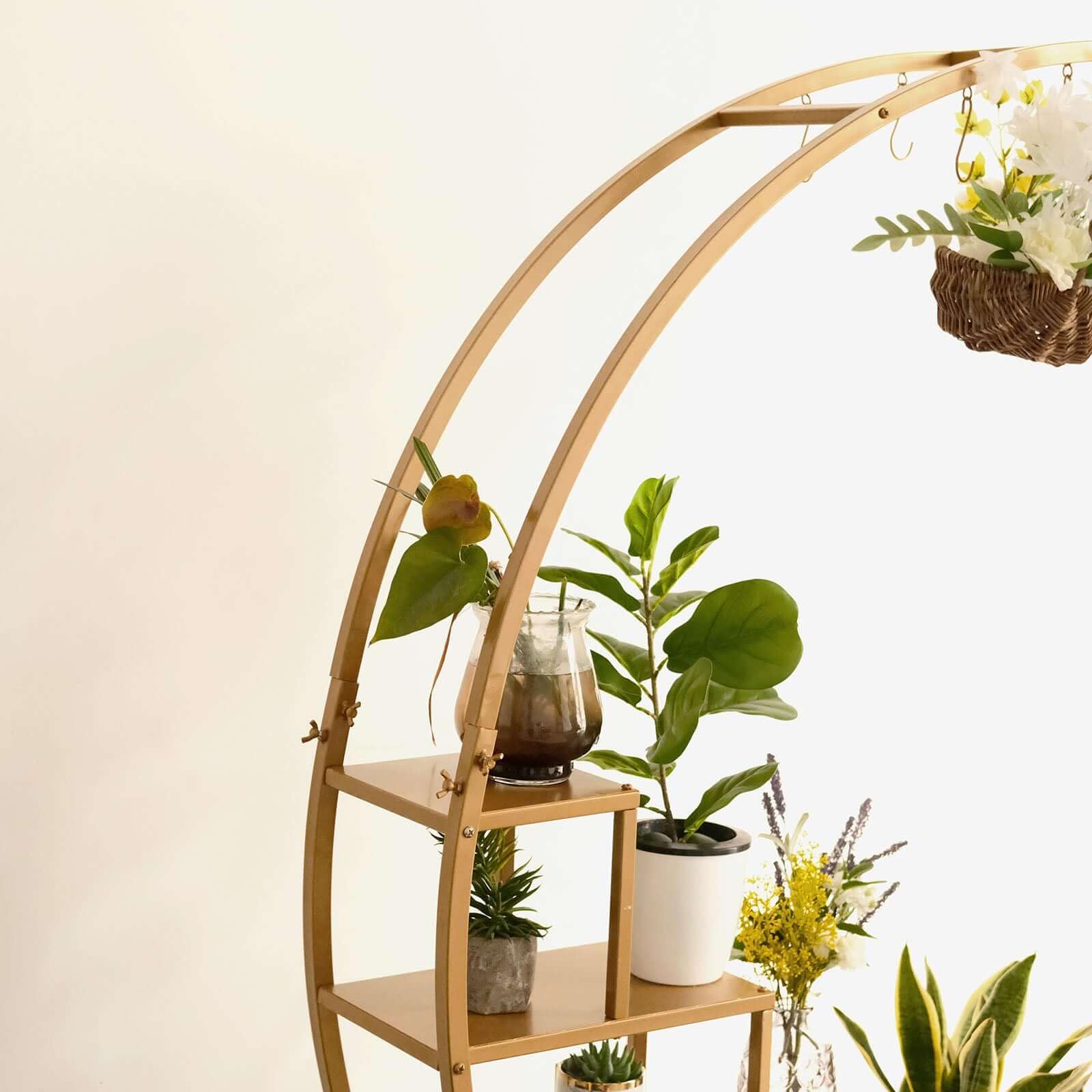 Efavormart 4.5ft Gold Metal 4-Tier Half Moon Plant Shelf with Hanging Hooks - Cupcake Dessert Display Stand for Home Decor, Wedding, Party & Retail Store Display