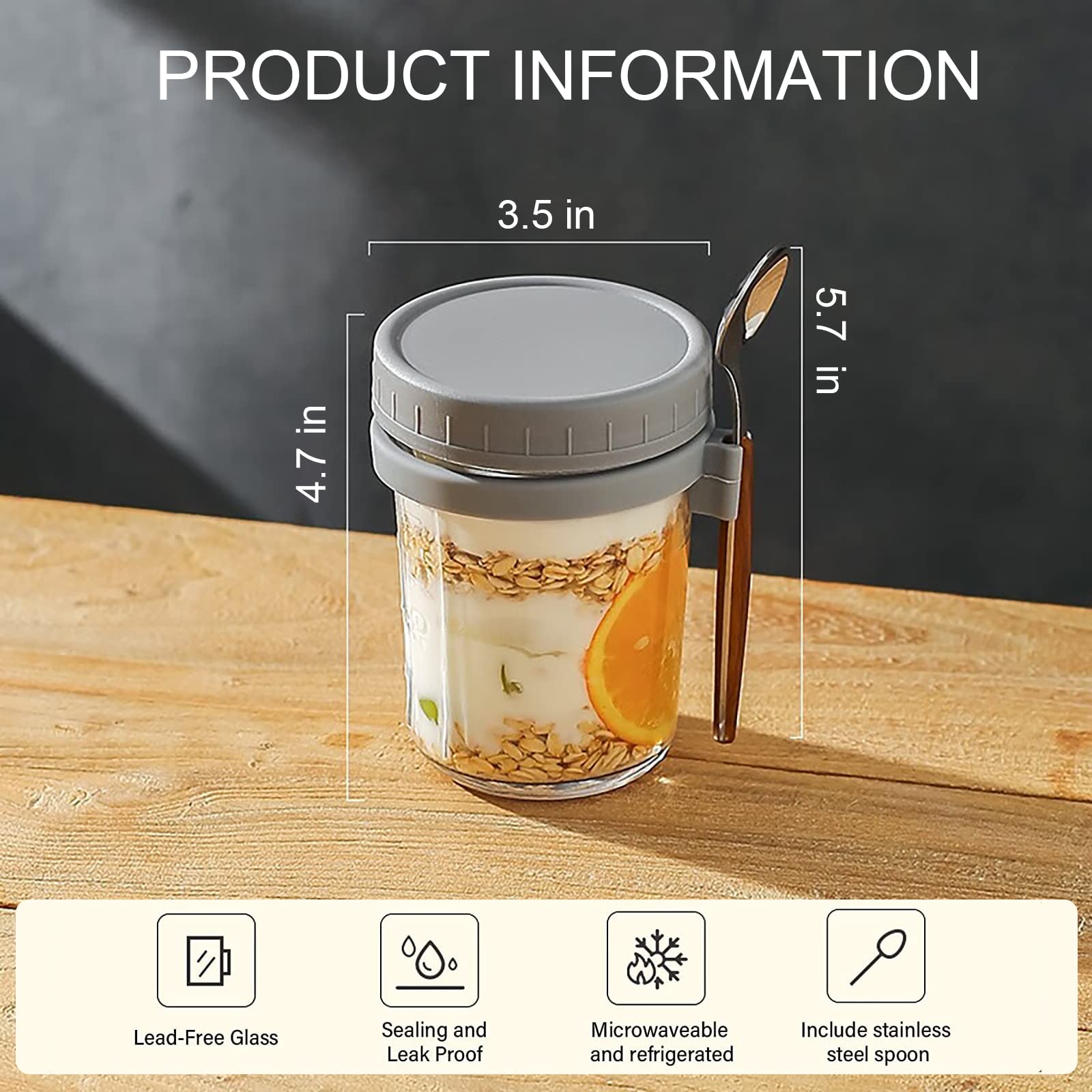 EthCat 4 Pack 12oz Overnight Oats Jars with Lids & Spoons - Reusable Mason Jars for Oats, Yogurt, Milk, Cereal & Fruit - Perfect for Meal Prep, Breakfast, Office & Gym
