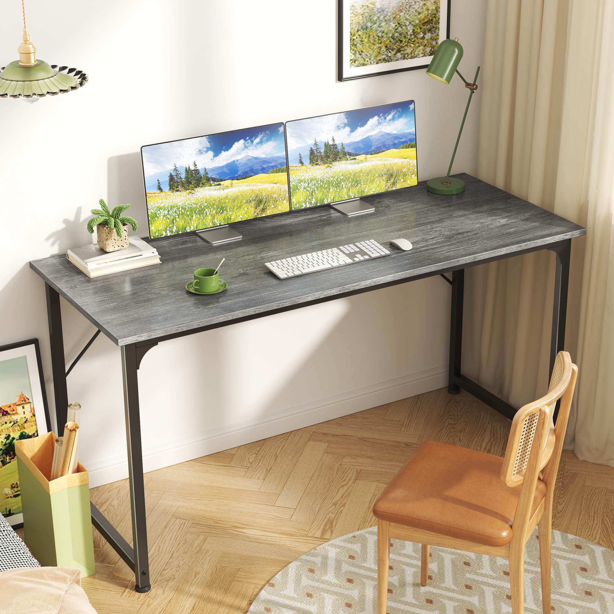 Huuger 55 Inch Modern Simple Office Desk - Sturdy Metal Frame Gaming & Work Desk with Storage, Large Legroom Space, Grey - Perfect for Home Office, Gaming Setup & Small Workspaces