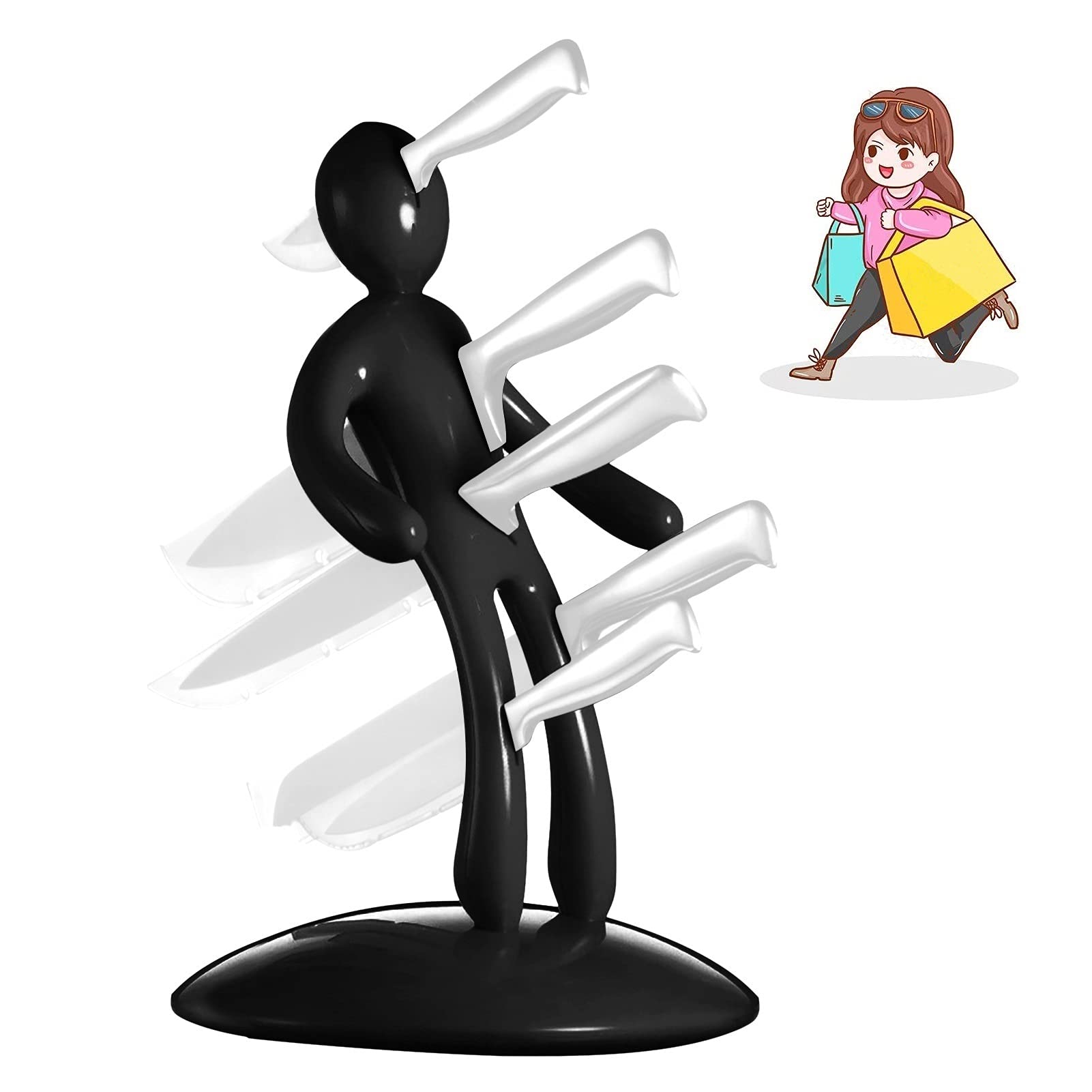 Premium Stainless Steel Humanoid Knife Block Holder - Unique Doll-Shaped Knife Storage Set with 6 Knife Slots | Modern Kitchen Organizer for Chefs & Home Cooks (Black)