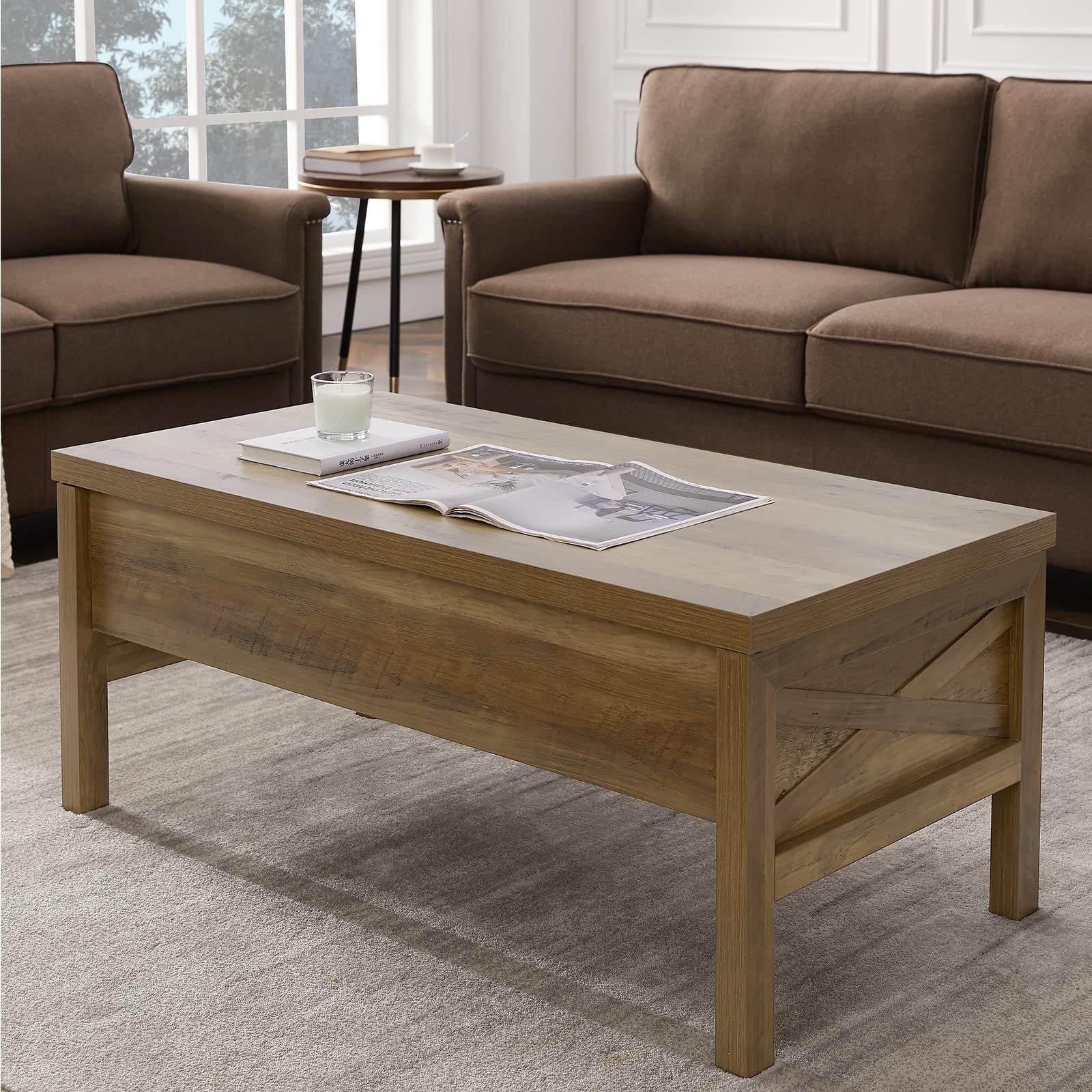 Mikibama 43.3 Inch Lift Top Coffee Table with Storage - Rustic Oak Finish, Metal Lift Mechanism & Hidden Compartment - Perfect for Living Room, Home Office, or Small Space Organization