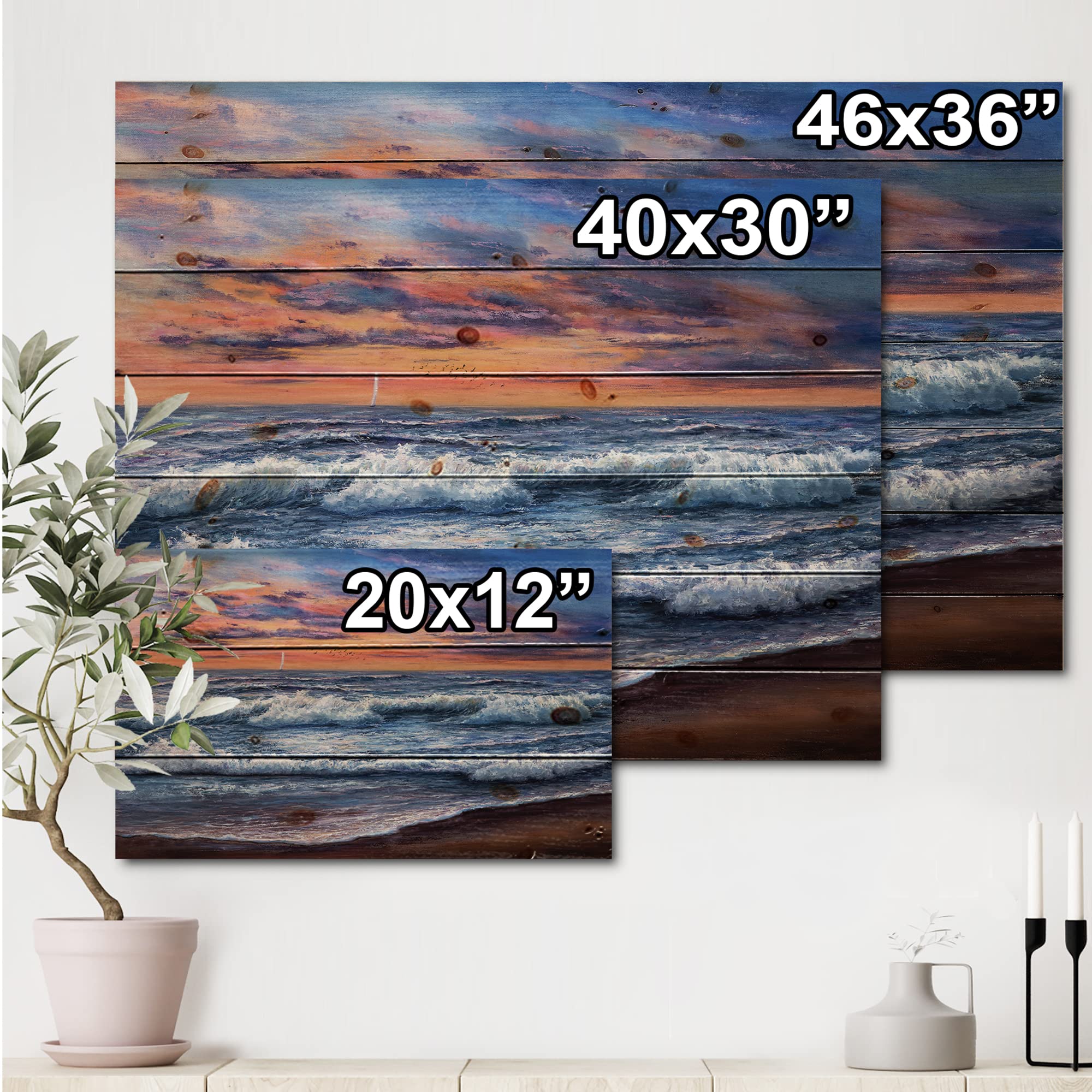 Sunset Over The Blue Ocean II - Coastal Wood Wall Art Decor | Nautical Beach Wood Panels Printed on Natural Pine | Perfect for Living Room, Bedroom & Beach House Decor