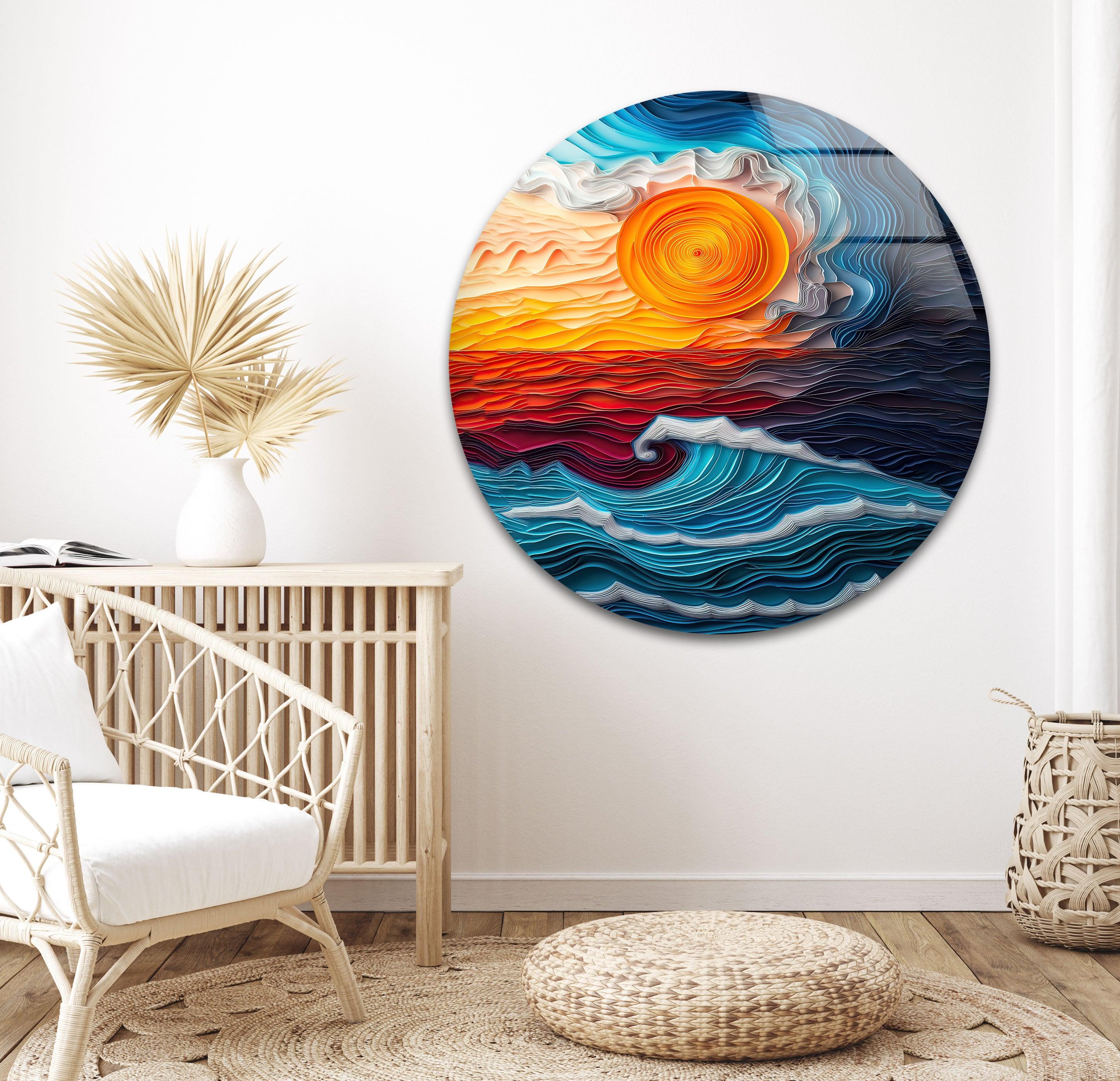 Abstract Ocean Waves Glass Wall Art - Vibrant Sunset Seascape Painting for Home & Office Decor | Coastal Theme Living Room, Bedroom, Beach House Wall Decor
