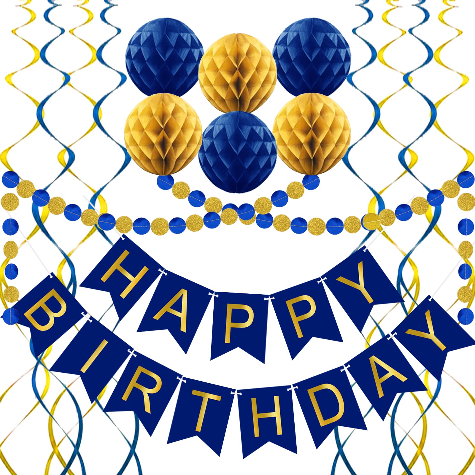 Navy Blue Birthday Party Decorations Set - Happy Birthday Banner, Paper Honeycomb Balls, Circle Garland & Hanging Swirls - Perfect for Men's Birthday, Anniversary & Graduation Celebrations