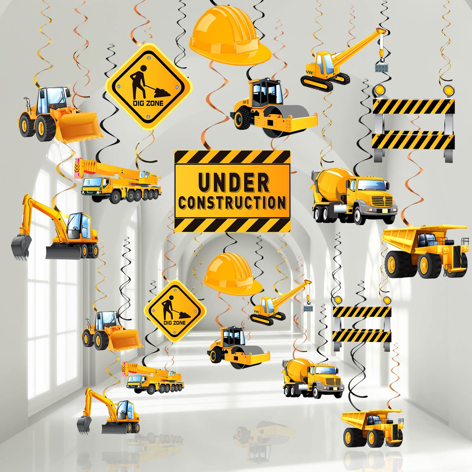 30-Piece Construction Birthday Party Decorations Set - Traffic Zone Theme Hanging Swirl Streamers, Foil Decor for Kids Boys Construction Truck Themed Parties | Perfect for Construction-Themed Birthday Celebrations, Baby Showers & Classroom Decor