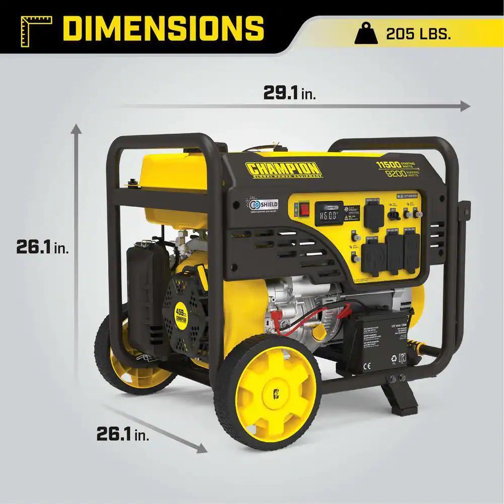 Champion 9200W/11500W Dual Fuel Portable Generator with Electric Start & CO Shield - Ideal for Home Backup Power, Camping, and Outdoor Events