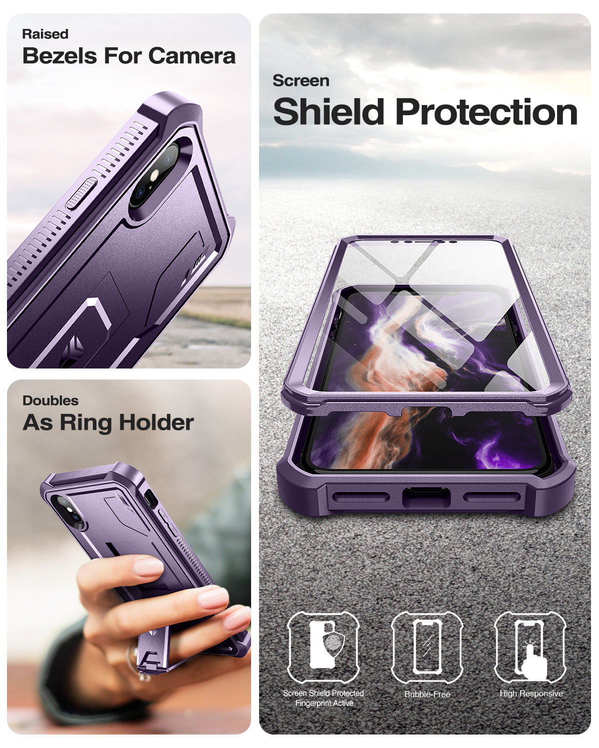 Dexnor Heavy Duty Shockproof Rugged Case for iPhone XS Max with Built-in Screen Protector & Kickstand - Full Body Protection for Outdoor, Travel, and Daily Use
