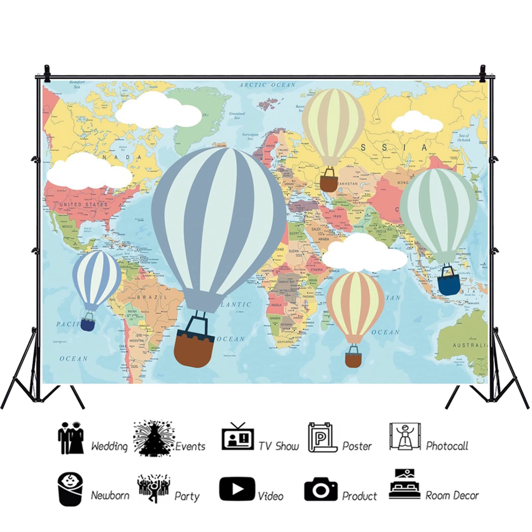 20x10ft Hot Air Balloon Birthday Backdrop - Oh The Places You'll Go Baby Adventure Theme with Cartoon World Map & White Clouds - Perfect for Kids Parties, Baby Showers, Cake Tables & Studio Photography Props