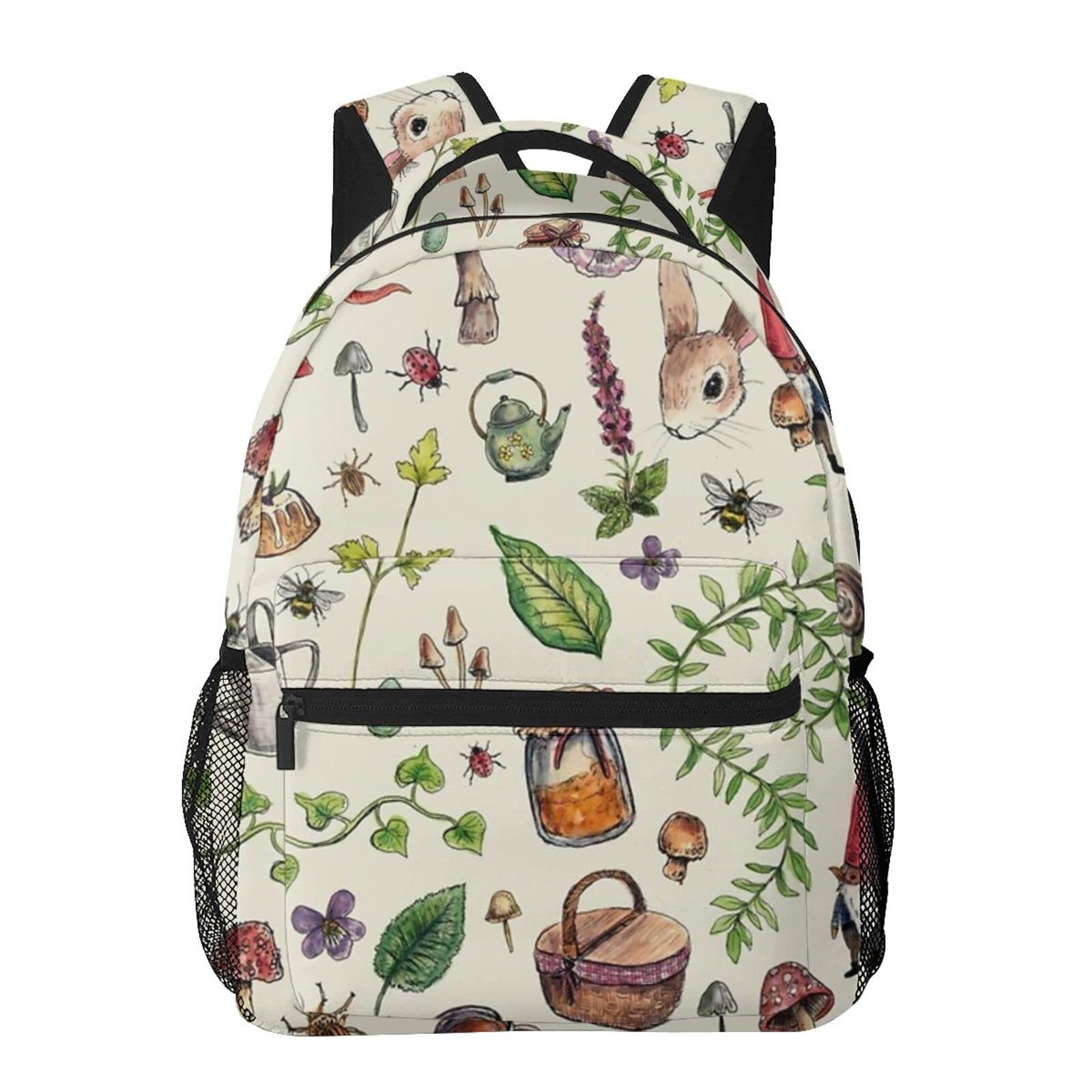 RIUARA Rabbit Mushroom Print Backpack - Cute Insect Pattern Bookbag for Adults & Teens, Lightweight Shoulder Bag for School, Office, Travel, Hiking & Outdoor Adventures