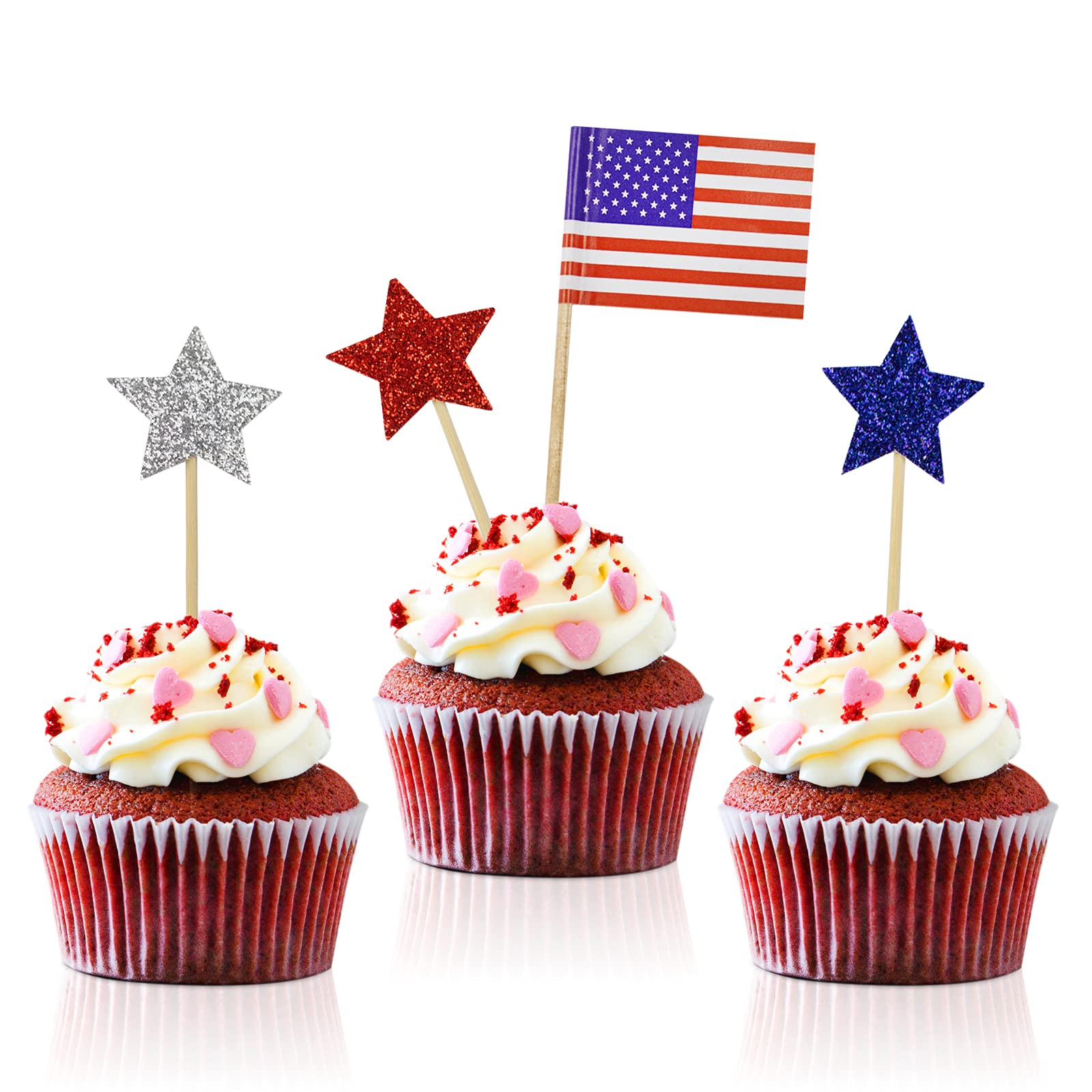 130pcs Patriotic American Flag Cupcake Toppers - Glitter Star Cupcake Picks for 4th of July, Independence Day, Memorial Day & Veterans Day Decorations - Perfect for USA Themed Parties, BBQs & Patriotic Celebrations