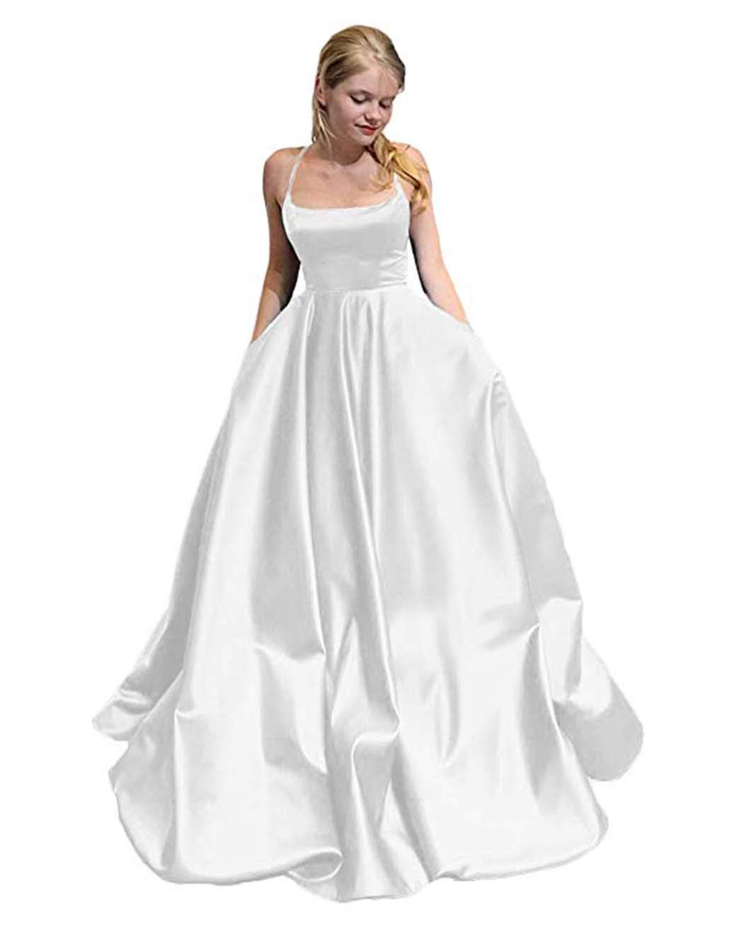 Elegant Women's Spaghetti Strap Satin Long Backless Prom Dress with Pockets - Formal Evening Gown for Homecoming, Wedding Guest & Special Occasions