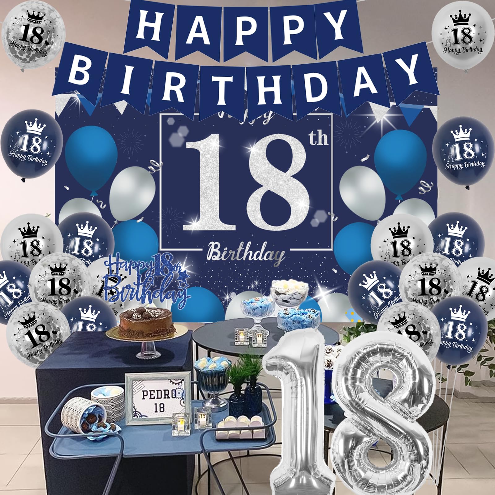 Navy Blue & Silver 18th Birthday Party Decorations Set - 18 Balloon, Banner & Party Supplies for Boys | Perfect for 18 Years Old Birthday Celebrations & Milestone Parties