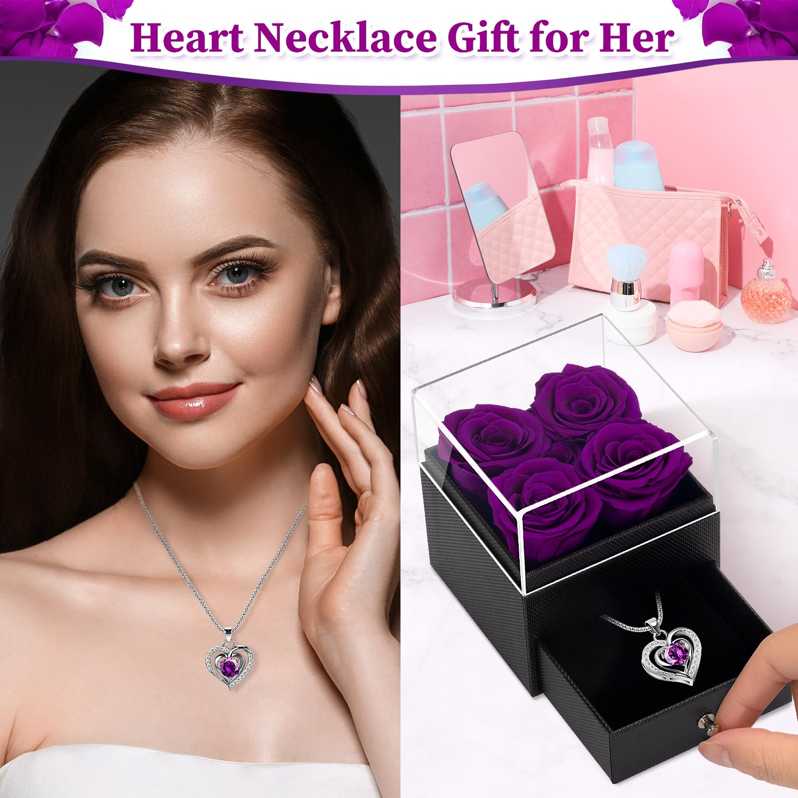 LACCHOUFEE Preserved Rose Gift Box with Necklace - 4 Real Roses Eternal Flower Arrangement for Women, Mom, Wife, Grandma, Teacher, Nurse | Perfect Birthday, Anniversary, Valentine's Day Present for Her - Romantic Home Decor & Special Occasion Gift