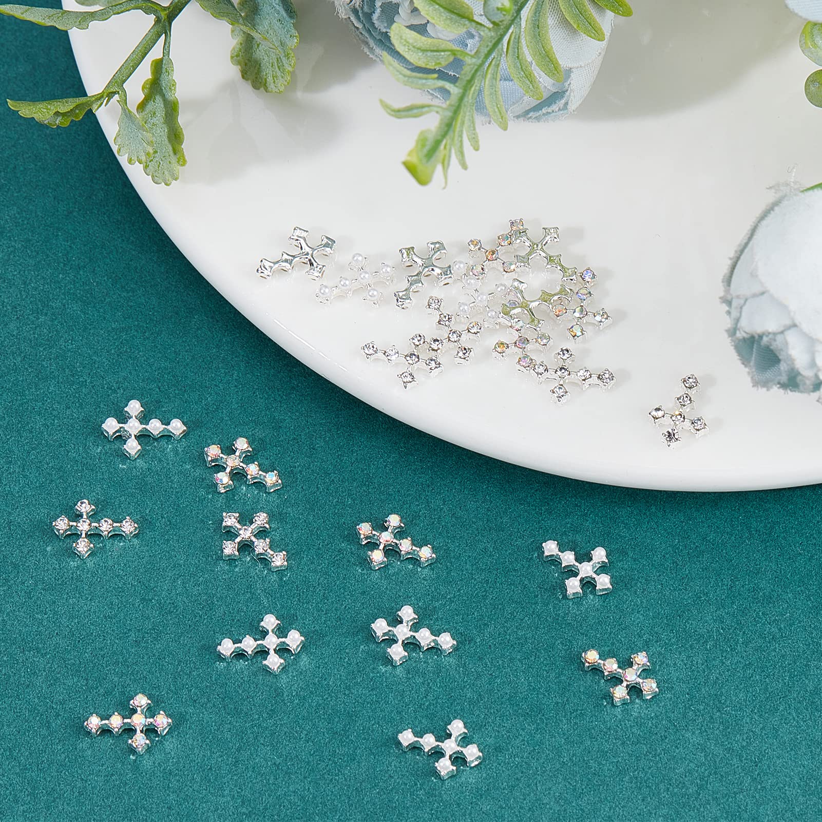 NICENEEDED 30Pcs Silver Pearl Cross Nail Art Charms - 3D Mini Nail Rhinestones Jewelry for Women, Antique Style Nail Decorations - Perfect for DIY Nail Art, Bridal, Party and Special Occasion Nail Designs