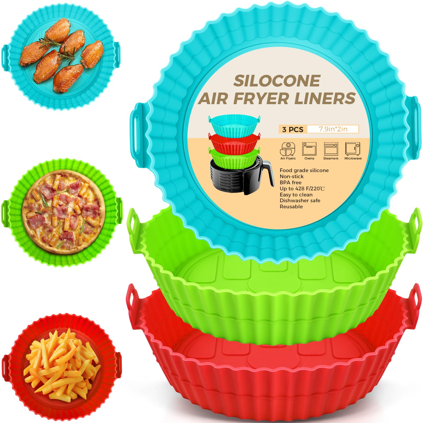 3Pcs Reusable Silicone Air Fryer Liners - 7.9 Inch Non-Stick Baking Tray, Food Grade & Greaseproof Accessories for Ninja, Tower, COSORI Air Fryers - Perfect for Roasting, Baking, and Frying Chicken Wings, Fries & Vegetables
