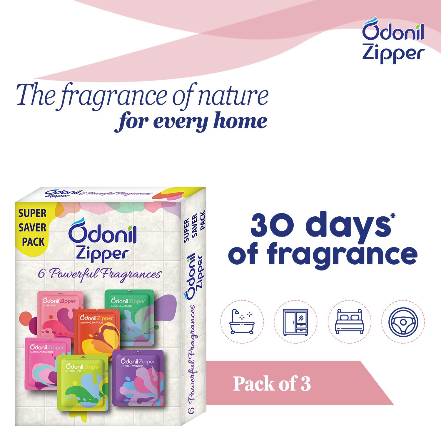 Odonil Bathroom Air Freshener Zipper Mix - 30g (10gx3) | Assorted Fragrance Pack | Long-Lasting Odor Eliminator for Bathroom, Toilet & Home | Germ Protection | Up to 30 Days Freshness | Perfect for Small Spaces, Offices & Travel Use