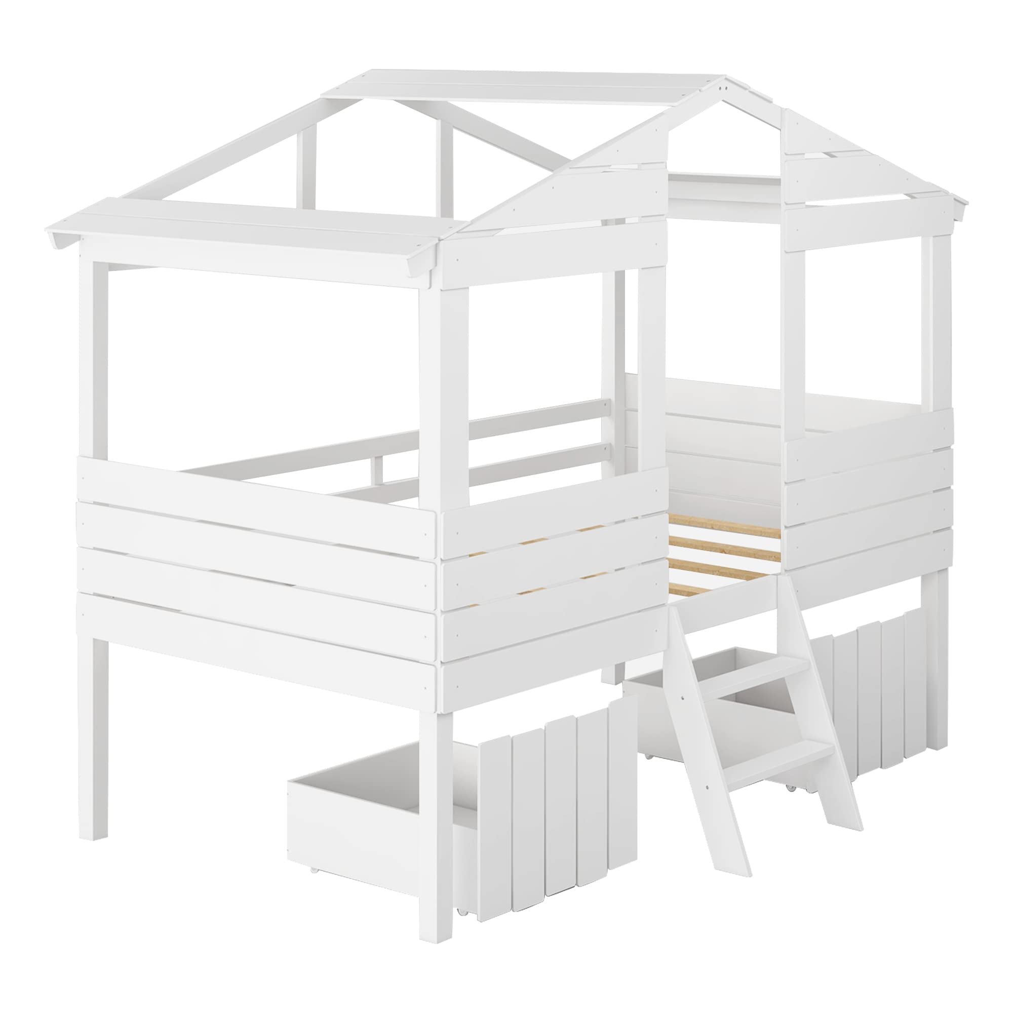 **White Twin Size Wood Loft Bed for Kids - House Design with Roof, Windows, 2 Drawers & Fence-Shaped Guardrails - Perfect for Boys & Girls Bedrooms, Playrooms & Small Spaces**