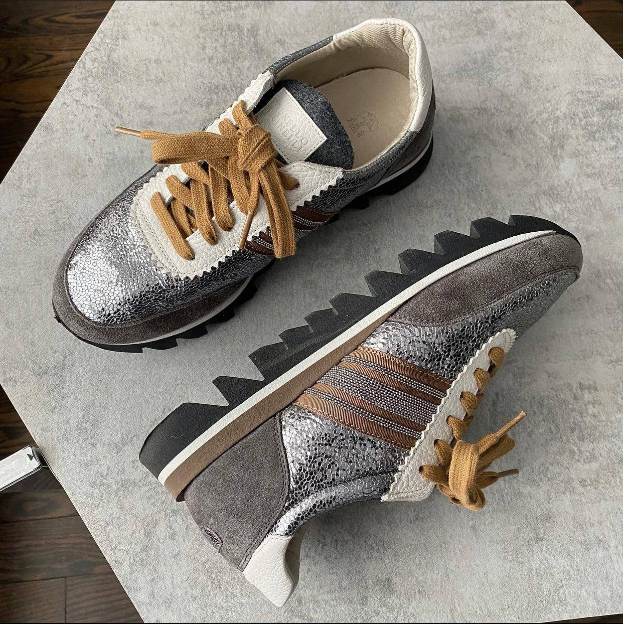 Brunello Cucinelli Pewter Shimmer Monili Sneakers Women's Size 37 | Luxury Italian Leather Fashion Shoes for Casual Wear & Everyday Comfort