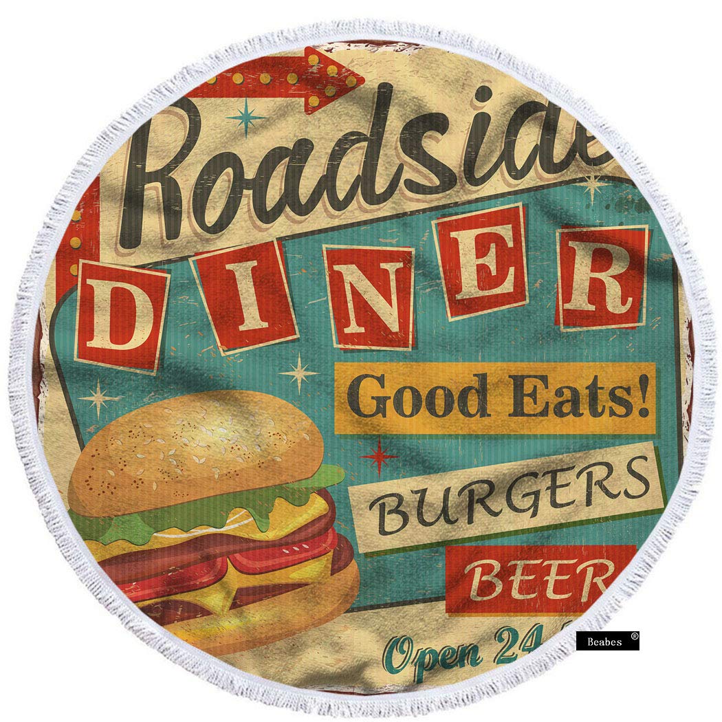 Beabes Roadside Diner Retro 1950s Beach Towel - Super Soft 63 Inch (160cm) Polyester-Microfiber Bath Towel for Men & Women - Vintage Burgers Restaurant Mental Sign Design - Perfect for Beach, Pool, Bathroom & Summer Travel