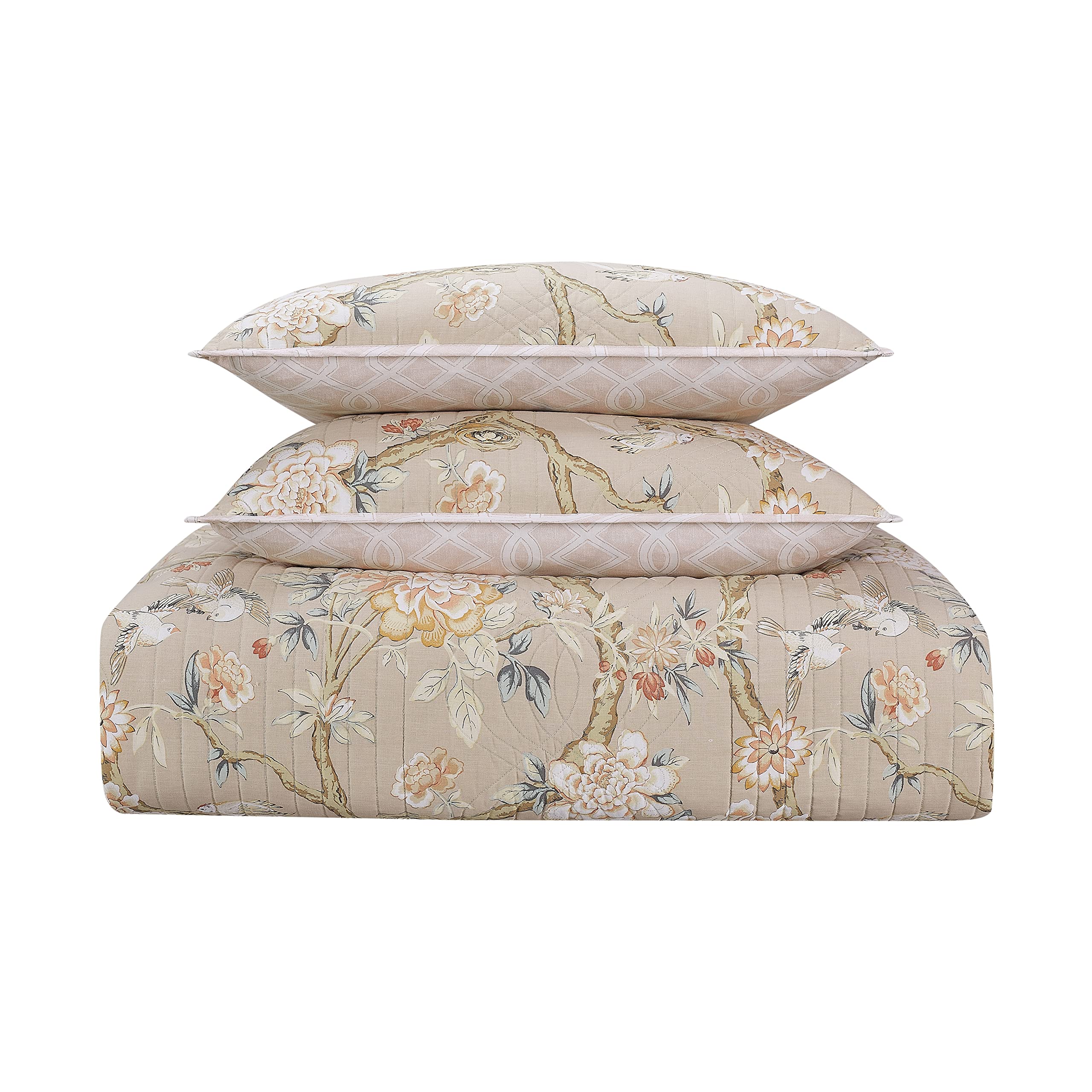 Waverly Peony Gardens 3-Piece Cotton Quilt Set - All Season Embellished Bedding with Quilt, Bed Skirt & Pillow Sham - Machine Washable Twin Size in Taupe - Perfect for Guest Rooms, Dorm Decor & Cozy Bedroom Makeovers