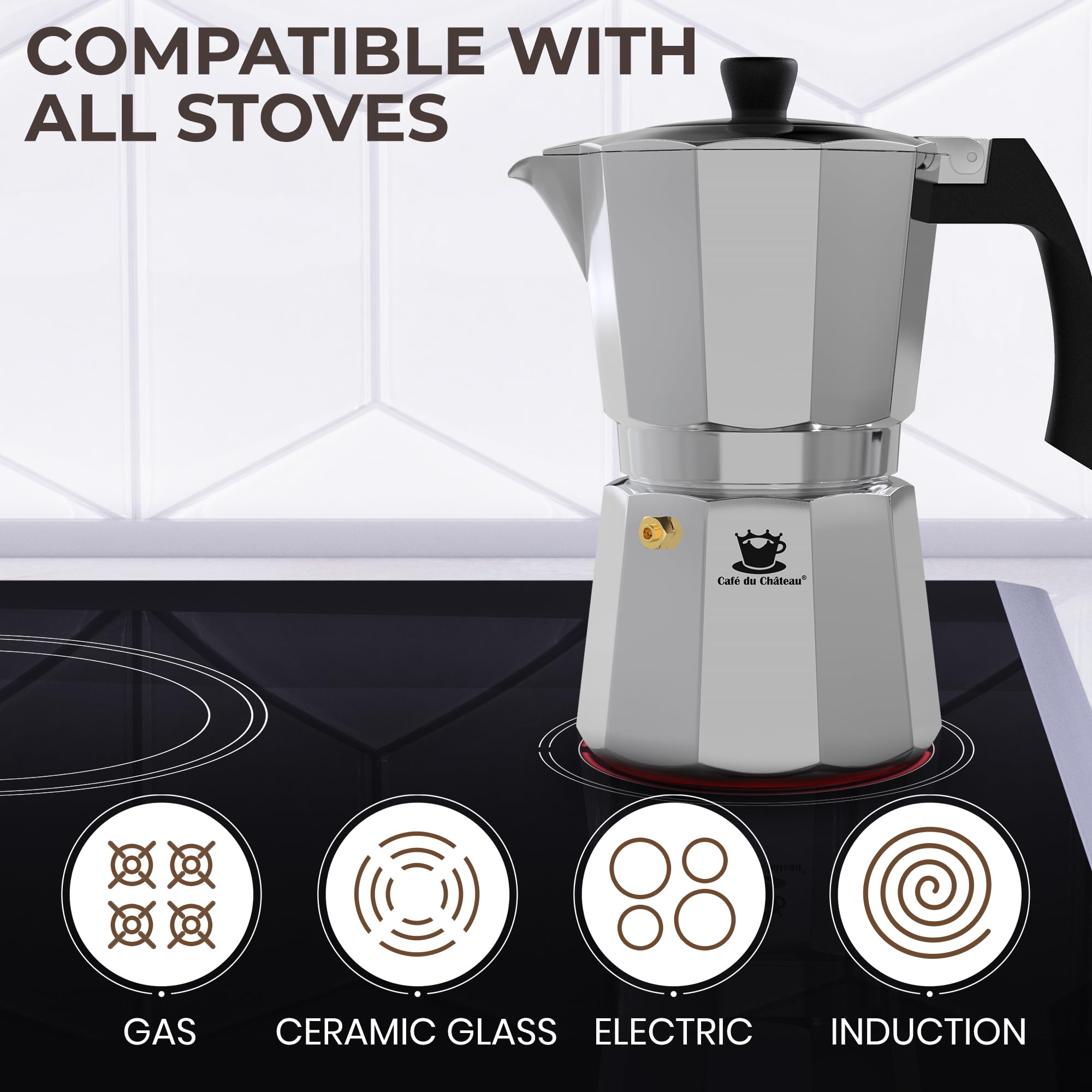 Cafe Du Chateau 6-Cup Espresso Maker & Coffee Percolator - Transparent Lid, High-Gloss Finish with Clip Spoon - Perfect for Camping, Home & Office Use