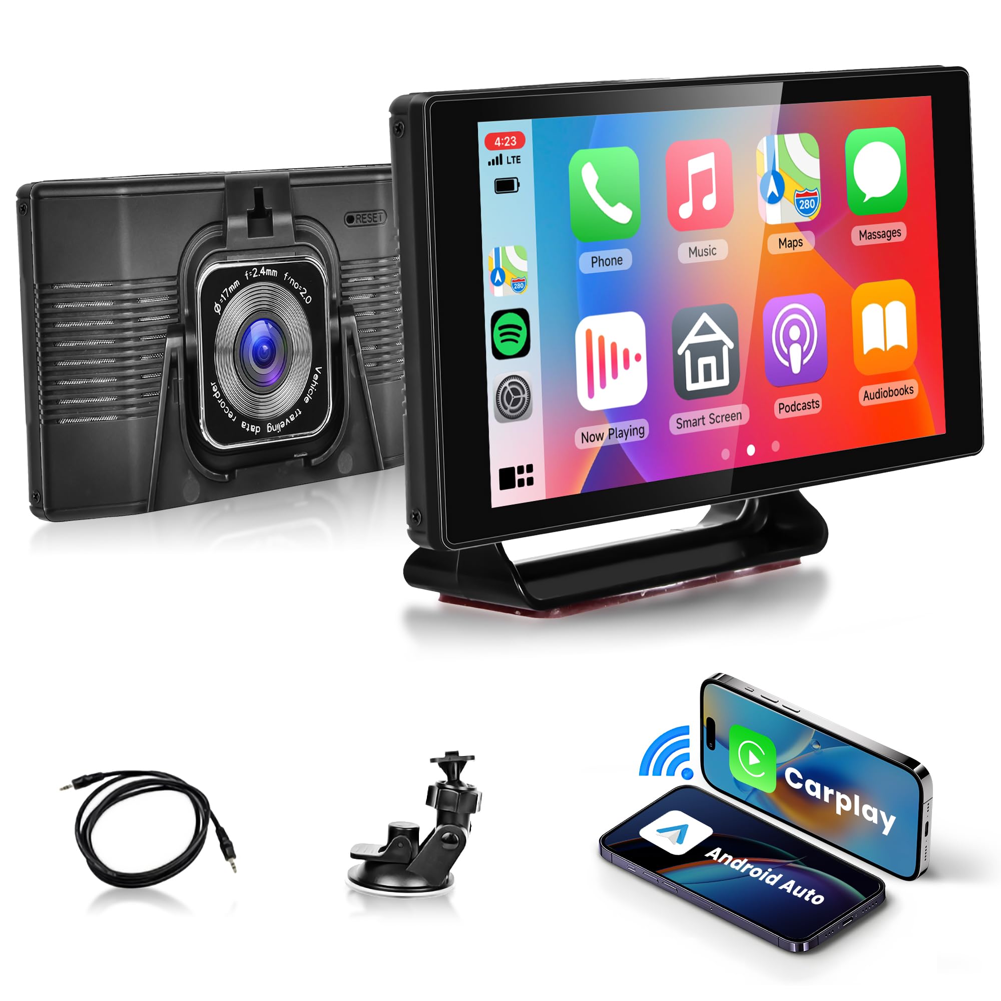 Rimoody 5 Inch Wireless CarPlay & Android Auto Portable Car Stereo with 4K Dash Cam - Bluetooth, FM Transmitter, Voice Control, AUX-in, GPS - Perfect for Road Trips & Daily Commuting