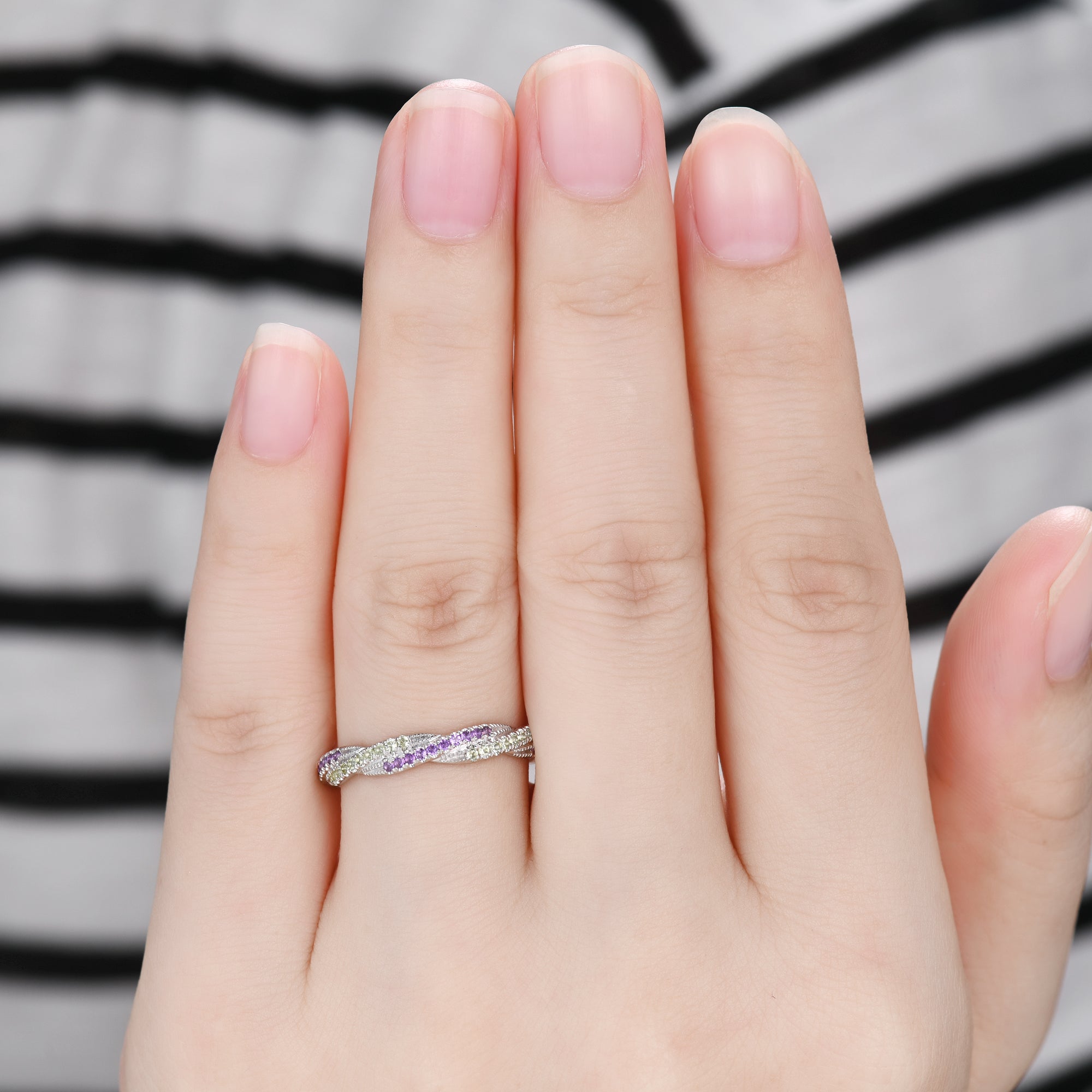 Natural Amethyst & Peridot Twisted Double Row Wedding Band - Crystal Full Eternity Ring for Women - Perfect for Engagement, Anniversary & Bridal Jewelry Gifts