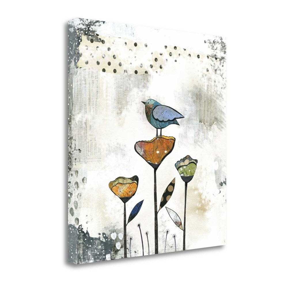 Bird On Three Flowers By Sarah Ogren - Premium Fine Art Giclee Canvas Print, Gallery Wrapped & Ready to Hang - Perfect for Living Room, Bedroom & Office Wall Decor