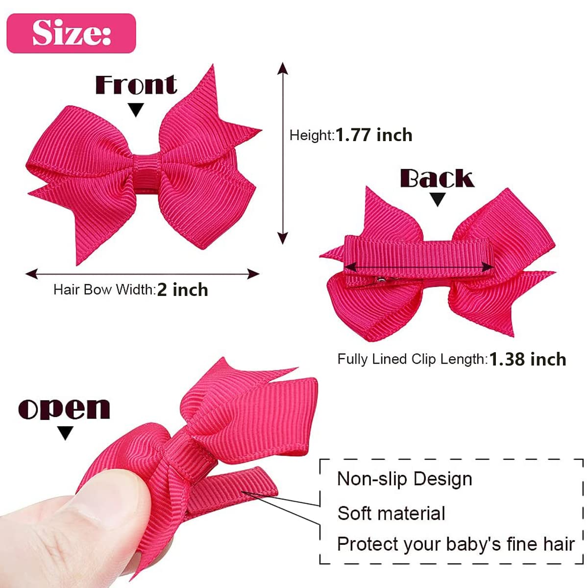 2 Inch Baby Hair Clips with Fully Lined Bows - Tiny Alligator Clips for Infants & Toddlers (Set of 2) - Perfect for Daily Outfits, Photo Shoots & Special Occasions