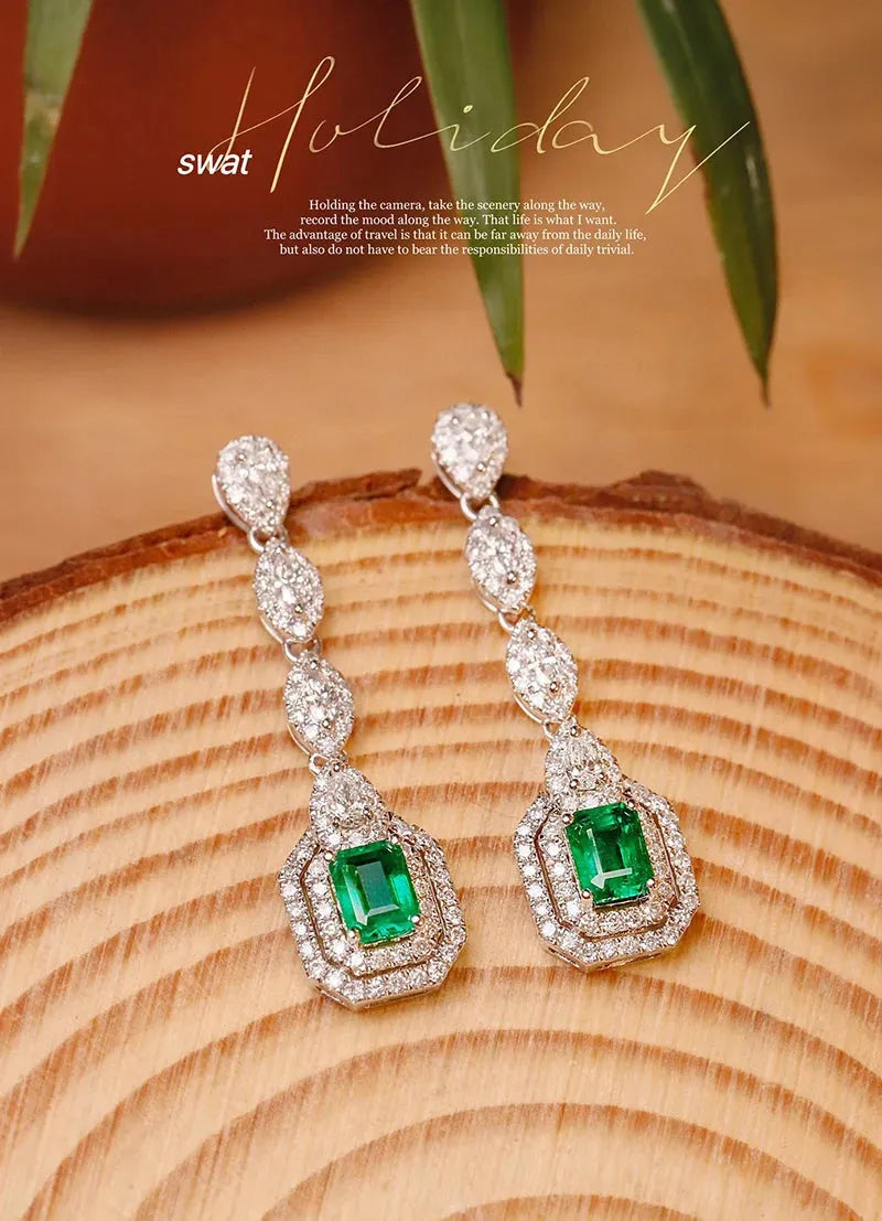 18K White Gold Diamond & Natural Emerald Necklace & Earrings Set for Women - Luxury Elegant Jewelry for Parties, Weddings & Special Occasions