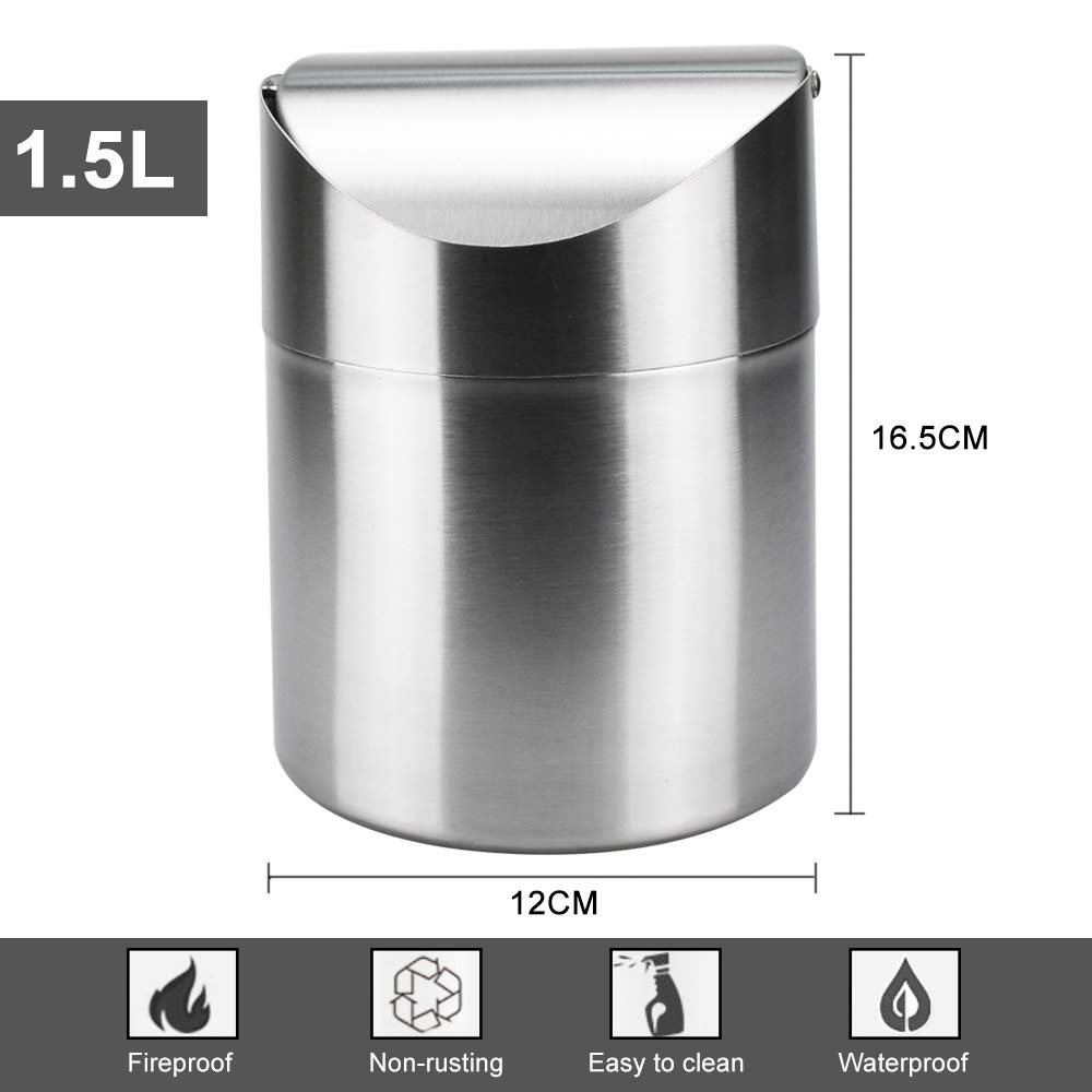 CODIRATO Small Trash Can with Lid - 1.5L Mini Desktop Waste Bin for Office, Bathroom, Kitchen & Home Use - Compact 12x12x16.5cm Dustbin for Desk, Countertop & Small Spaces - Perfect for Paper Waste, Snack Wrappers & Daily Trash Disposal