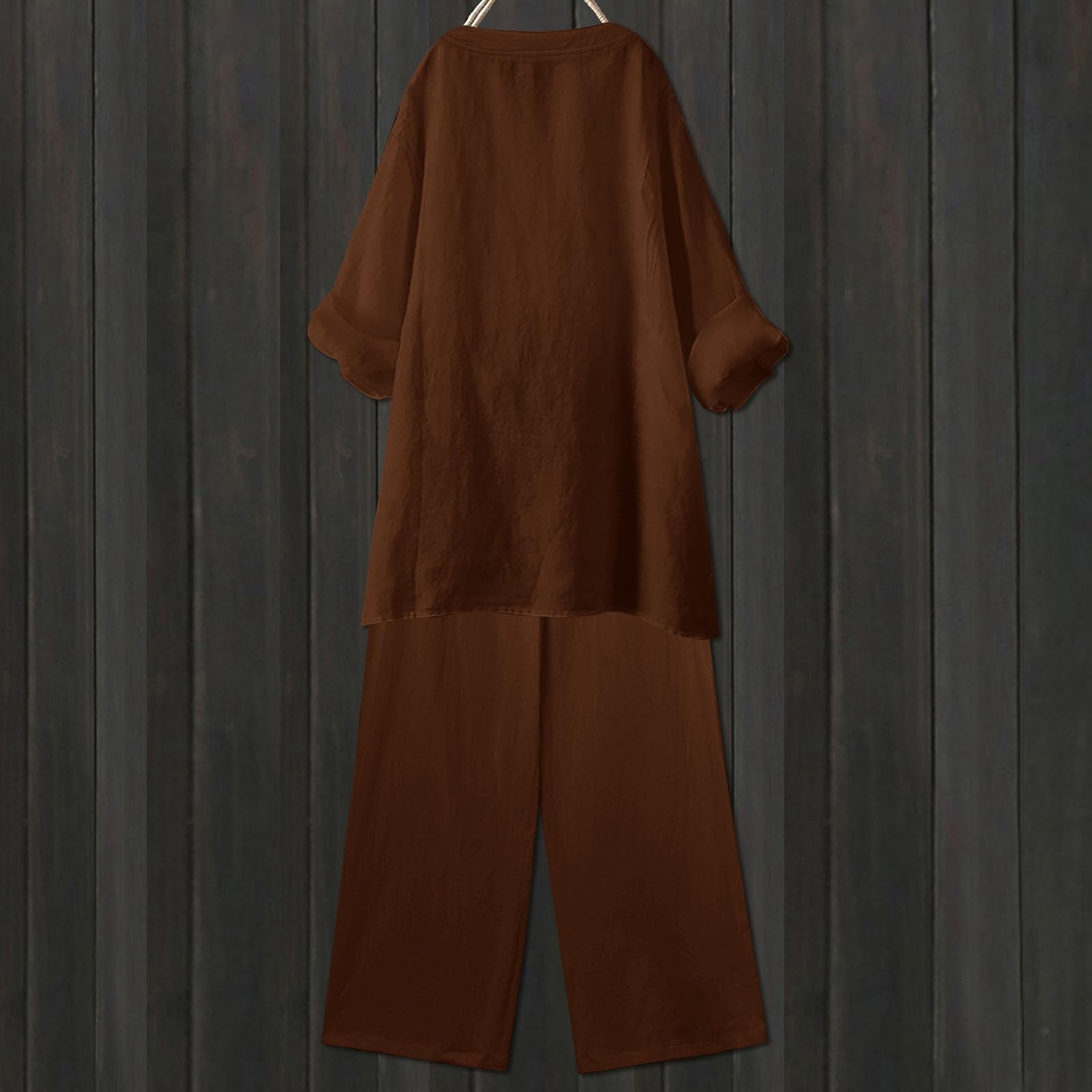 Women's Linen Lounge Set - Summer 2-Piece Outfit with Long Sleeve Button Down Shirt & Pants | Casual Loungewear in Brown | Perfect for Home Relaxation, Vacation Wear & Coffee Dates