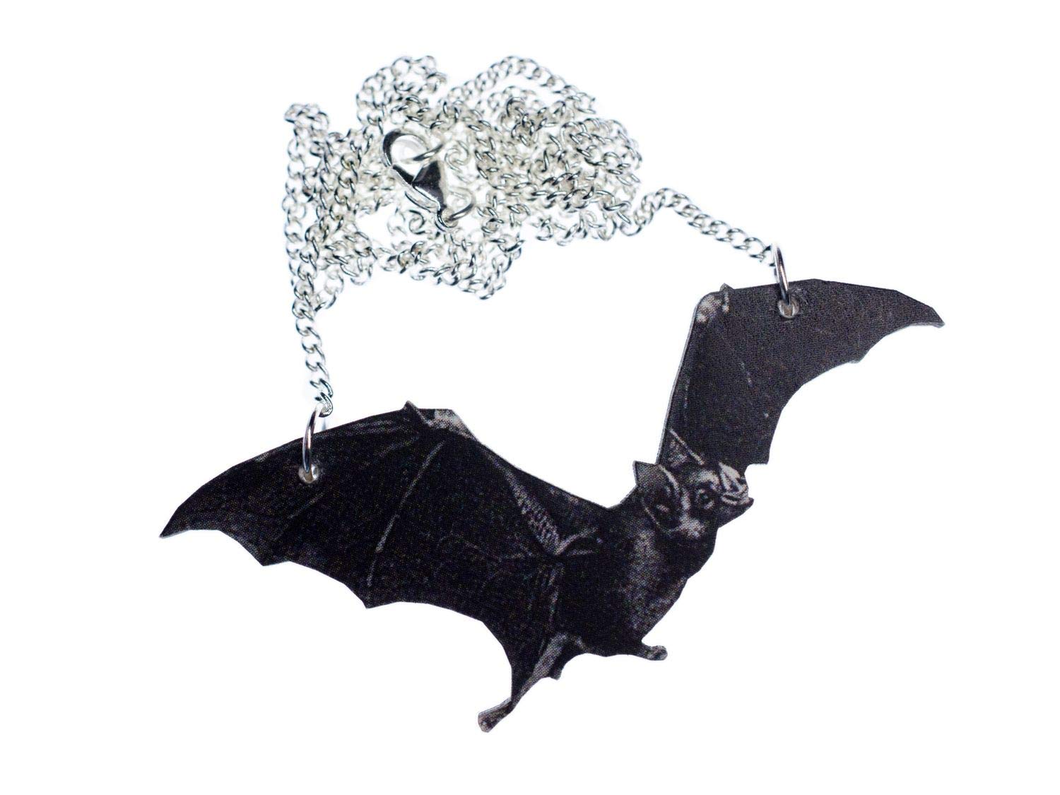 Miniblings Bat Necklace - 45Cm Wooden Laser Engraved Halloween Bat Pendant for Women & Men - Gothic Jewelry for Halloween Parties, Cosplay & Dark Fashion Accessories