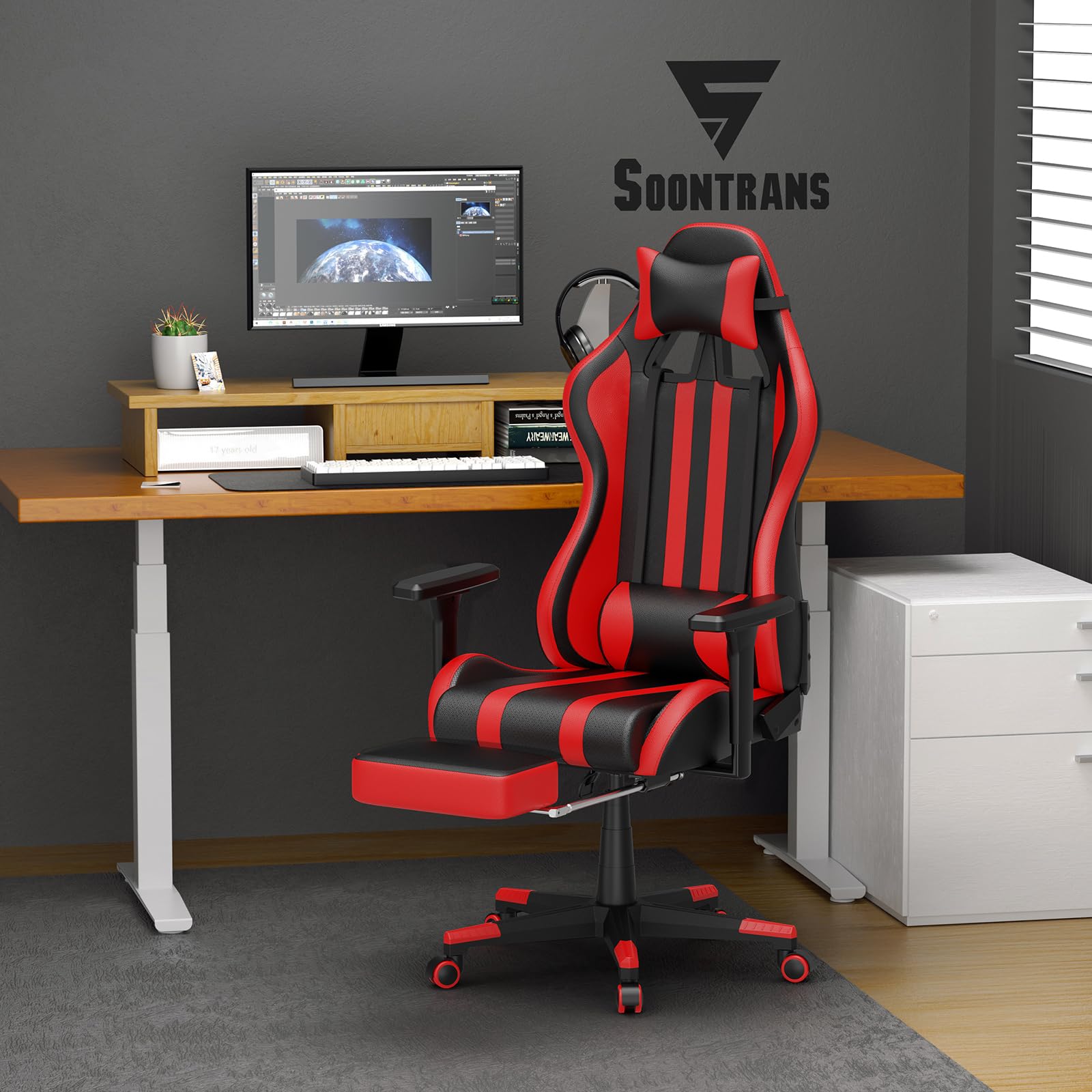 Soontrans Red Gaming Chair with Footrest - Ergonomic Racing Style Massage Gaming Chair for Adults, Adjustable Height & 360° Swivel, Reclining Computer Office Chair for PC Gaming, Streaming & Home Office Use