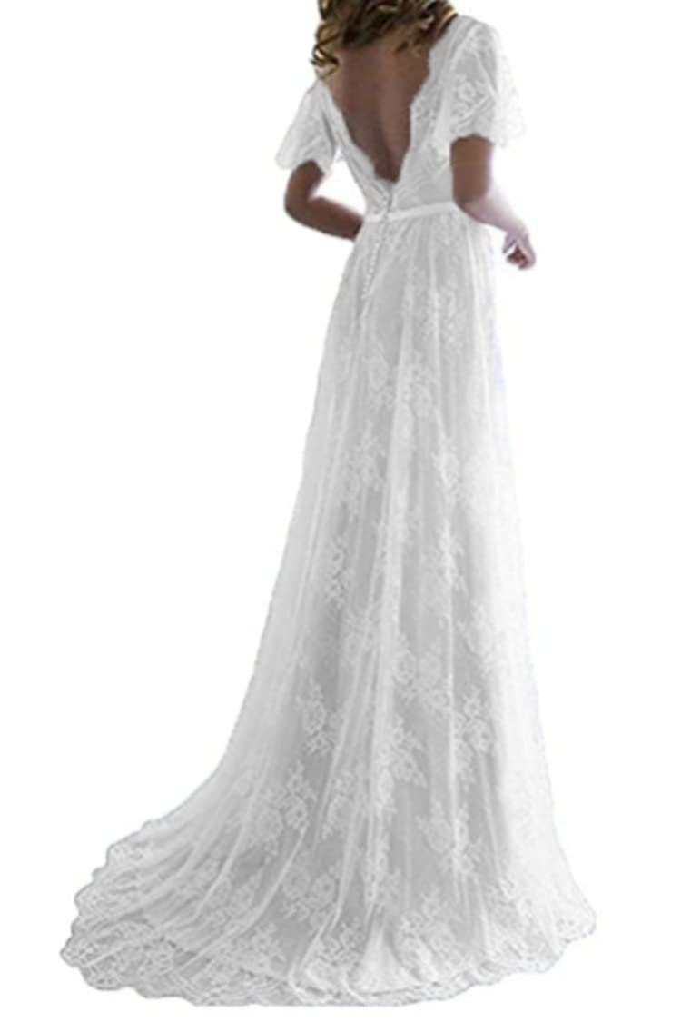Elegant V-Neck Backless Lace Beach Dress - Bohemian Wedding Dress for Women | Perfect for Beach Weddings, Summer Vacations & Boho Chic Outfits
