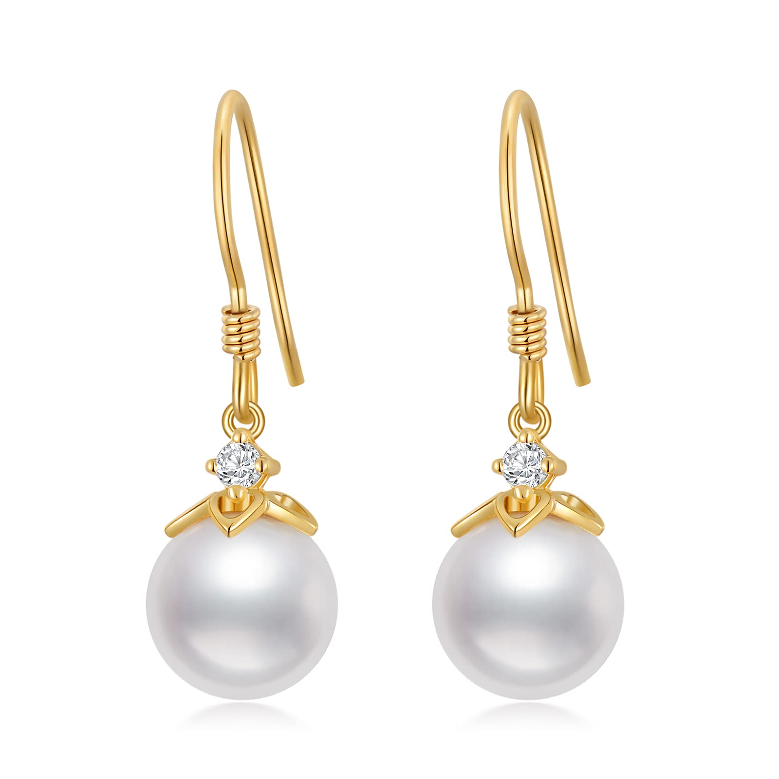 14K Solid Gold Freshwater Pearl Drop Earrings for Women - 8mm Handpicked Cultured Pearl Dangling Heart Earrings - Elegant Jewelry Gift for Her, Wife, Mom - Perfect for Weddings, Anniversaries & Special Occasions