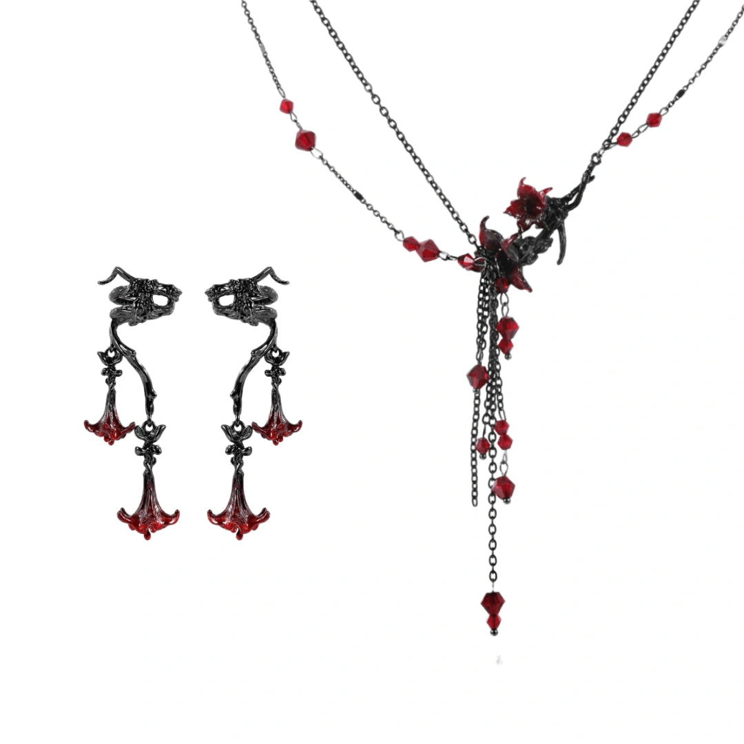 18K Platinum Plated Bloody Datura Pendant Earrings - Gothic Jewelry for Women, Elegant Dangle Earrings for Parties, Weddings & Special Occasions