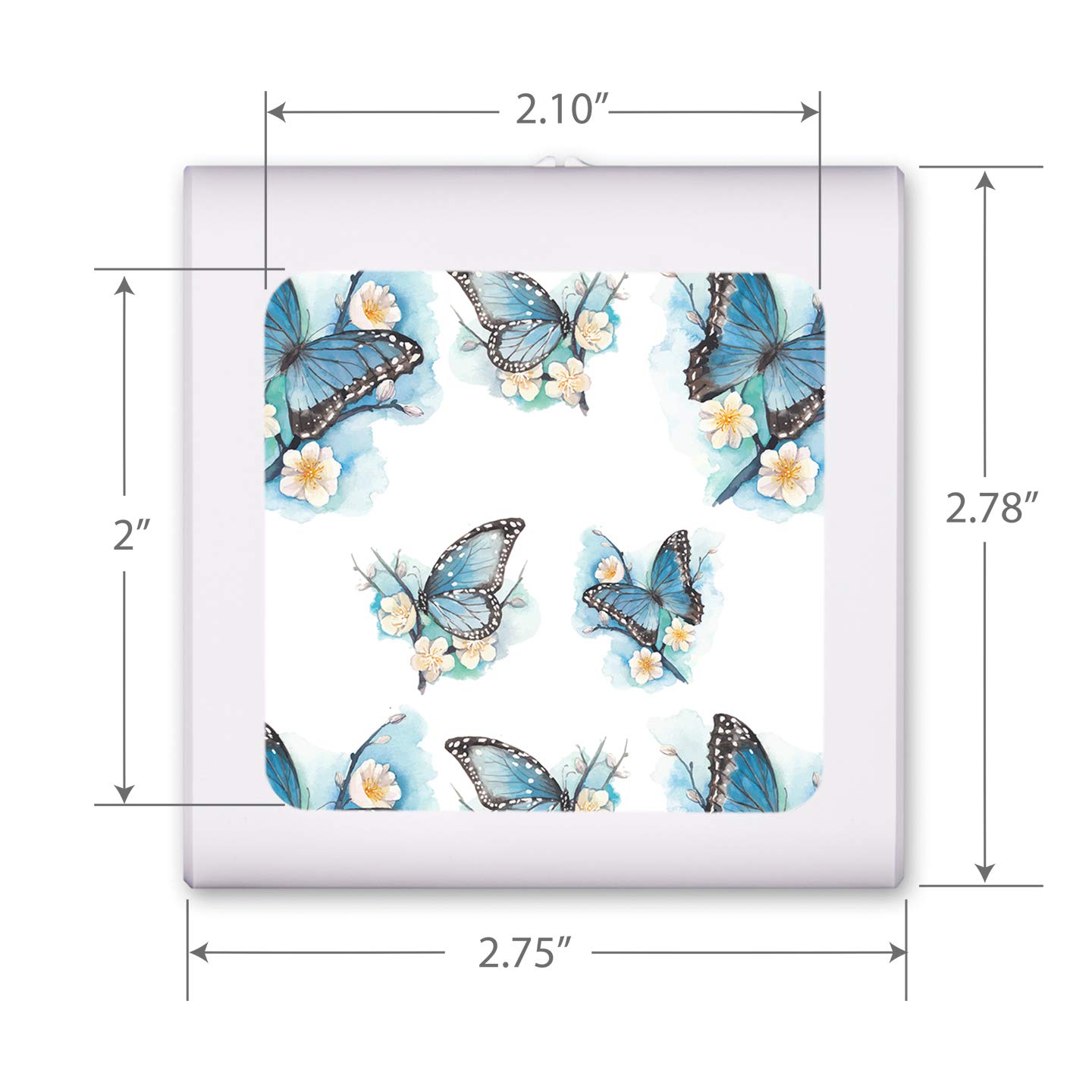 Dimmable LED Night Light with Auto On/Off Sensor - Adjustable Brightness, Warm White Light for Bathroom, Hallway, Nursery & Bedroom - Blue Butterflies on White Flowers Design | Perfect for Nighttime Safety & Comfort