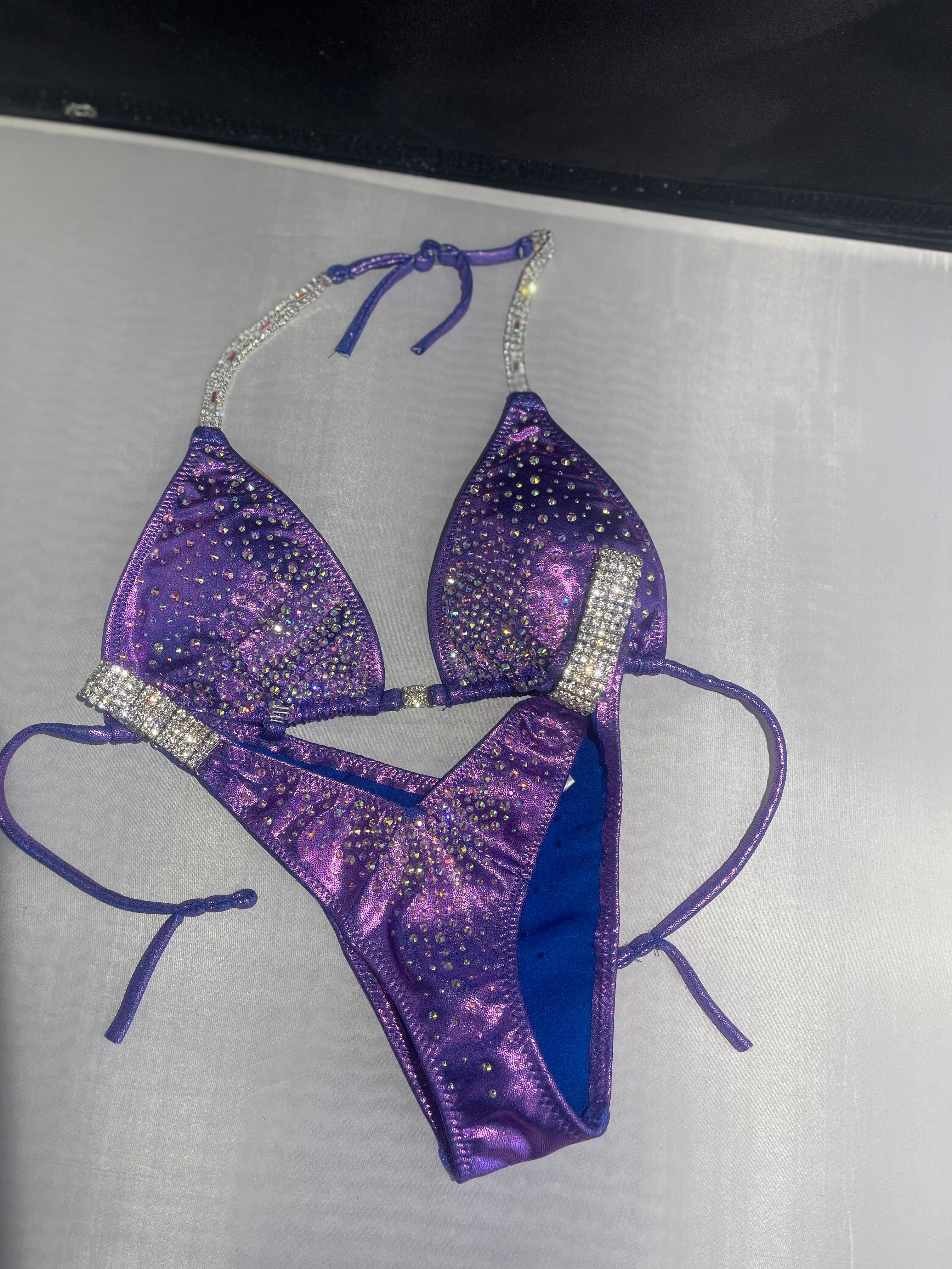 AP77 Stunning Purple & Pink Sheen Physique Competition Posing Suit - Perfect for Bodybuilding Shows, Fitness Contests & Stage Performances
