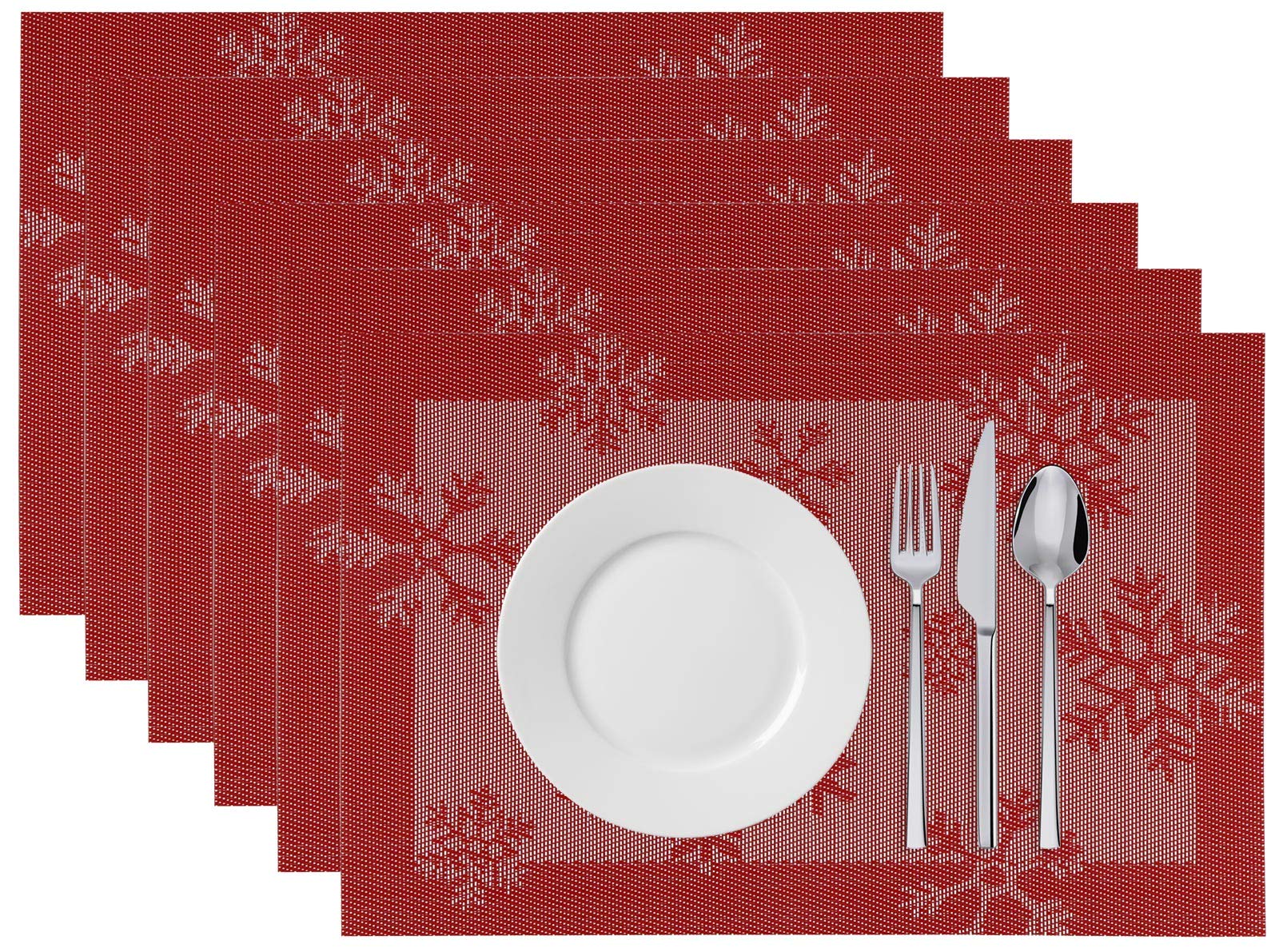 Christmas Red Placemats Set of 6 - 12x18 Inch Washable Vinyl Table Mats for Dining & Kitchen - Heat Resistant, Stain Proof, Durable Woven Plastic Placemats - Perfect for Holiday Decor, Thanksgiving Dinner & Everyday Use