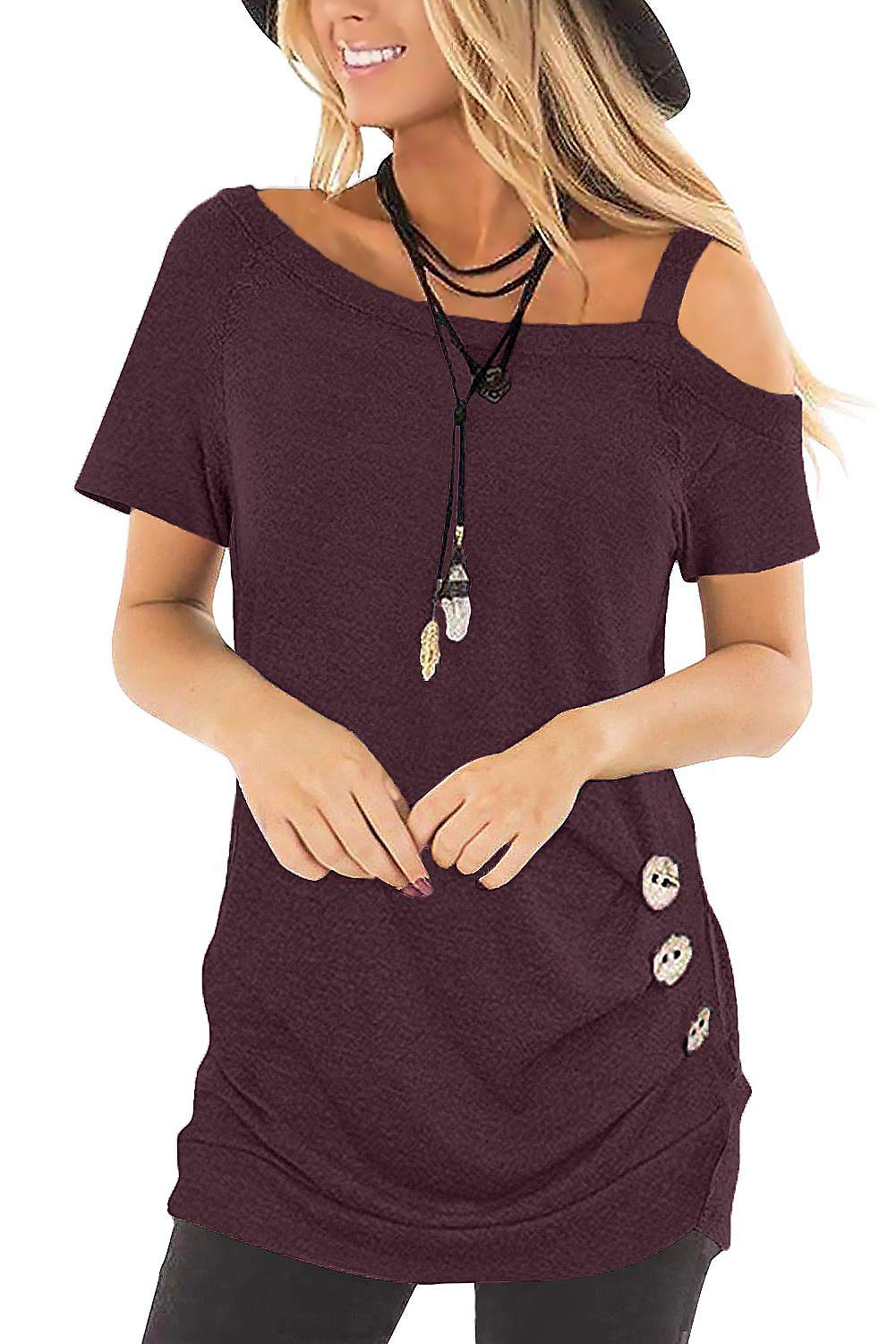 Ladybranch Women's Summer Tops - Casual Stretch Elastic T-Shirt Tunics with Cold Shoulder & Side Button Design | Perfect for Beach Outings, Date Nights & Summer Vacations
